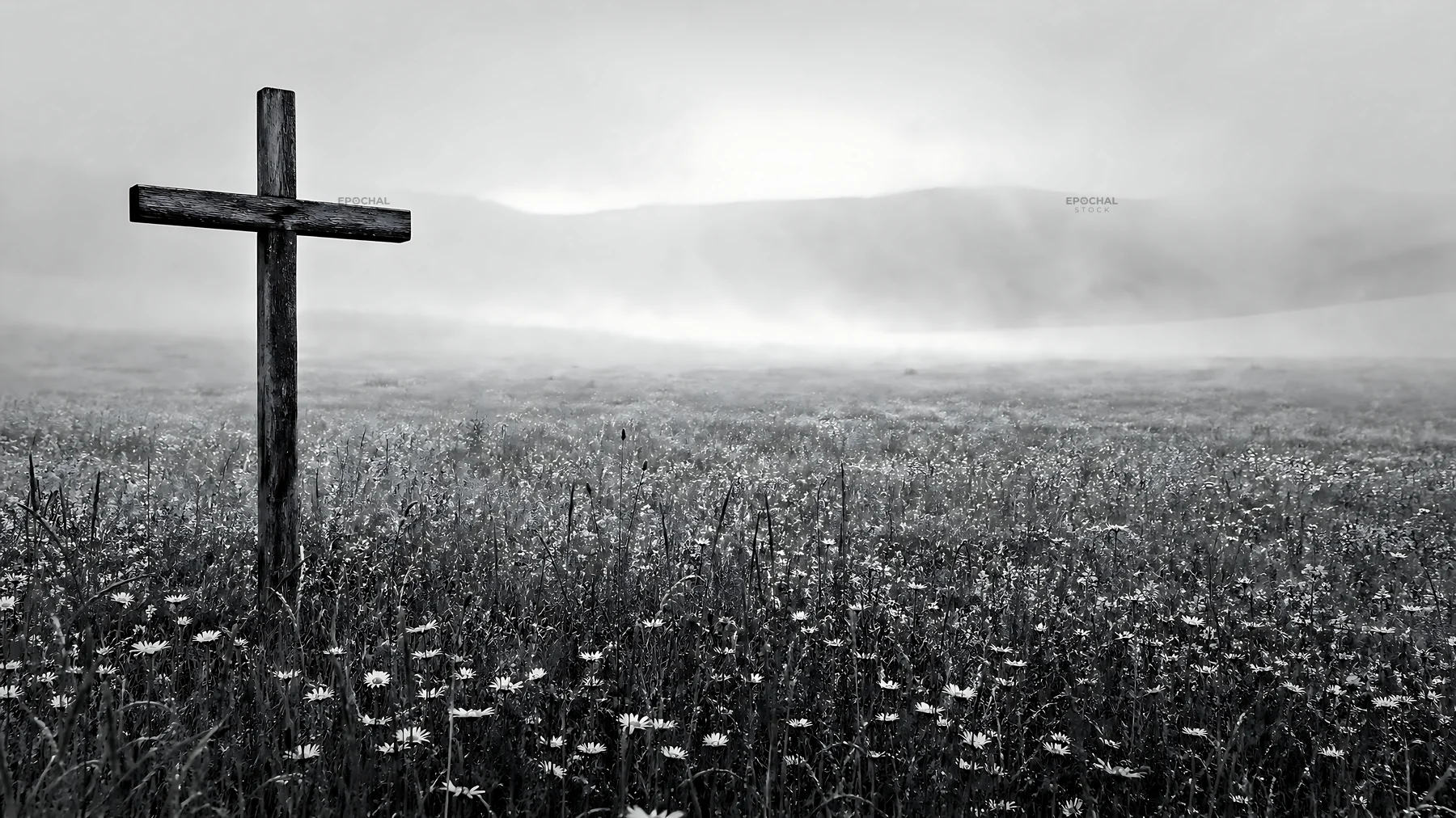 Weathered Christian cross in misty meadow with flowers - AI-generated stock image