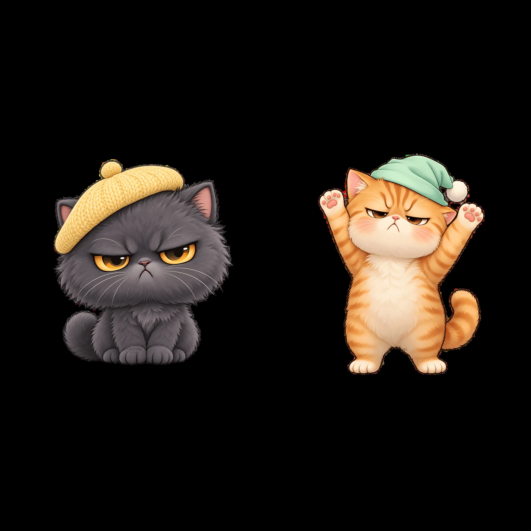 Kawaii grumpy cat pair with hats in playful pose - AI-generated stock image