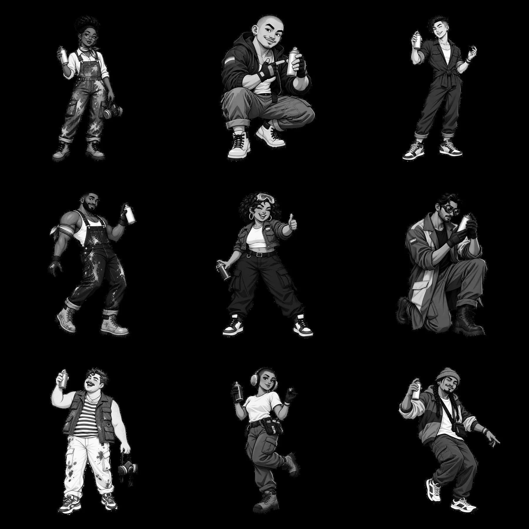 Gay graffiti artists spray painting in a 3x3 monochrome layout - AI-generated stock image