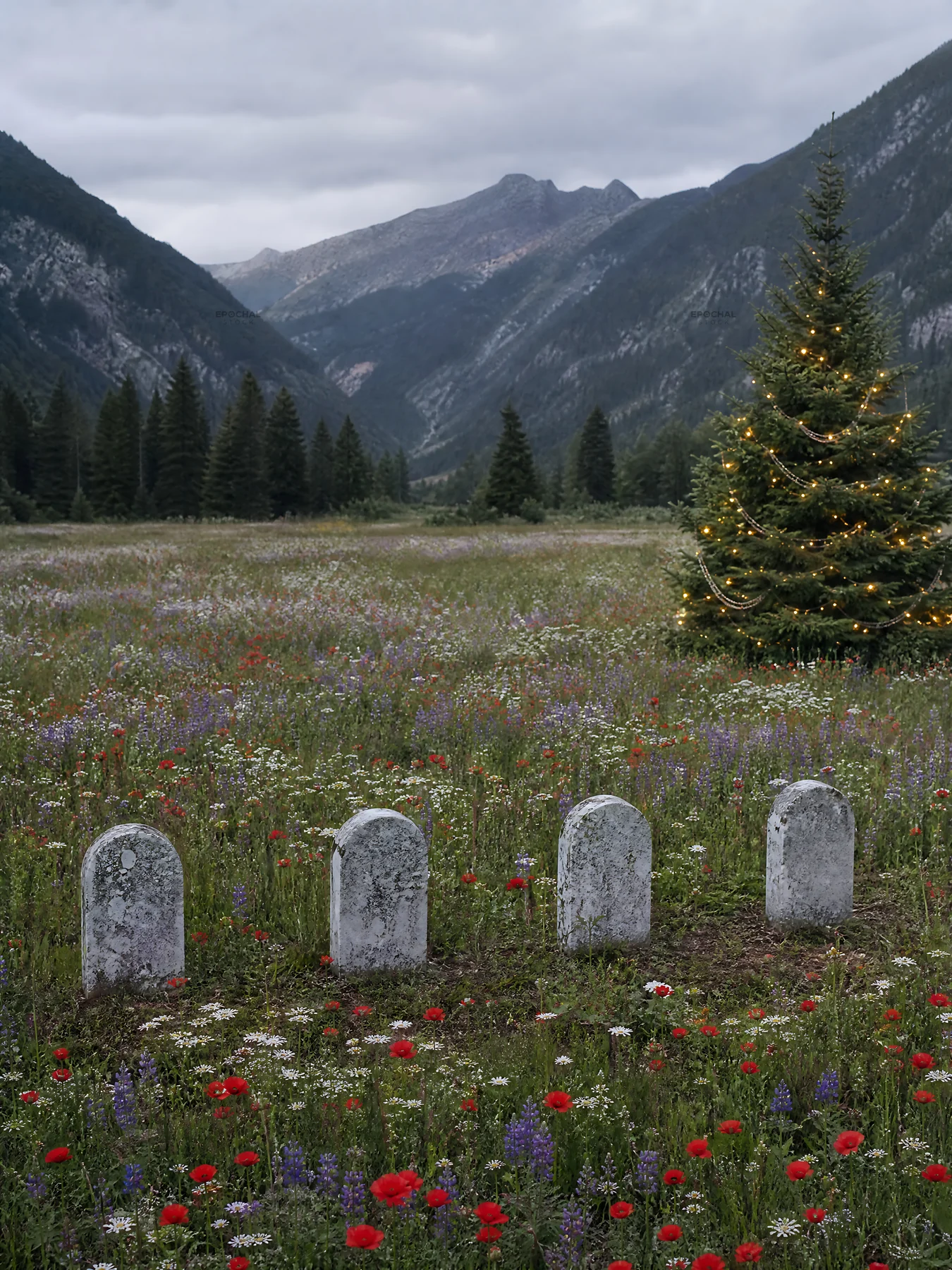 Christmas tree near graves in mountain valley meadow - AI-generated stock image