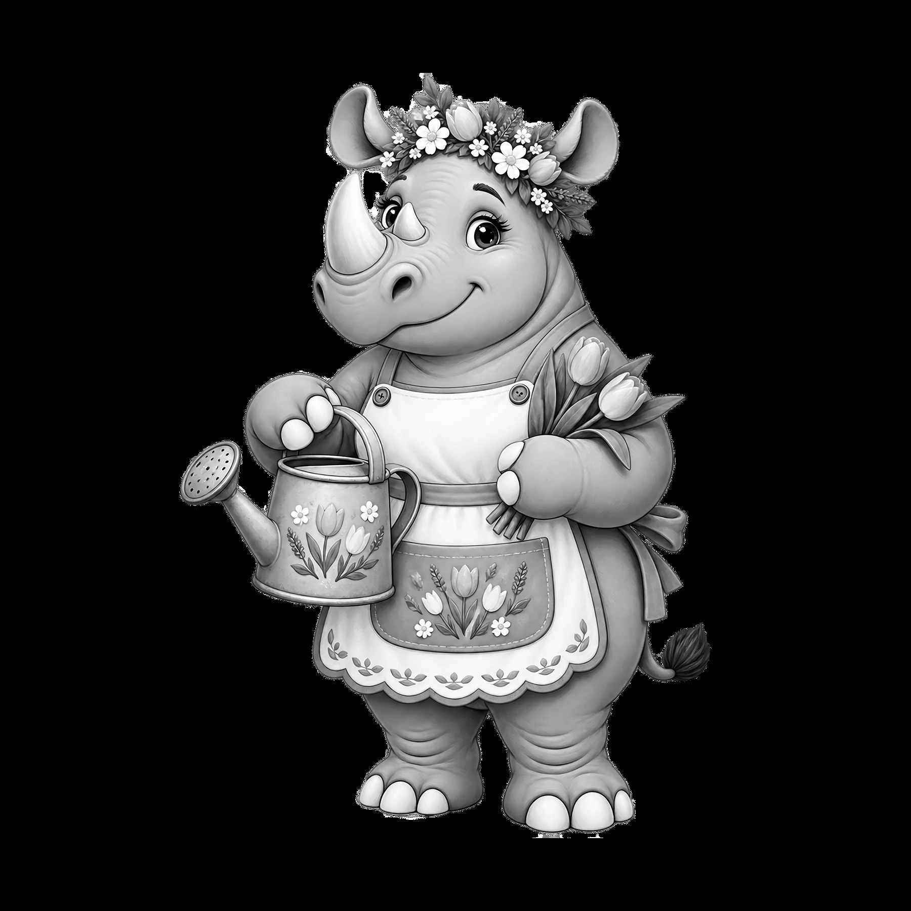 Easter rhinoceros with watering can and flower bouquet - AI-generated stock image