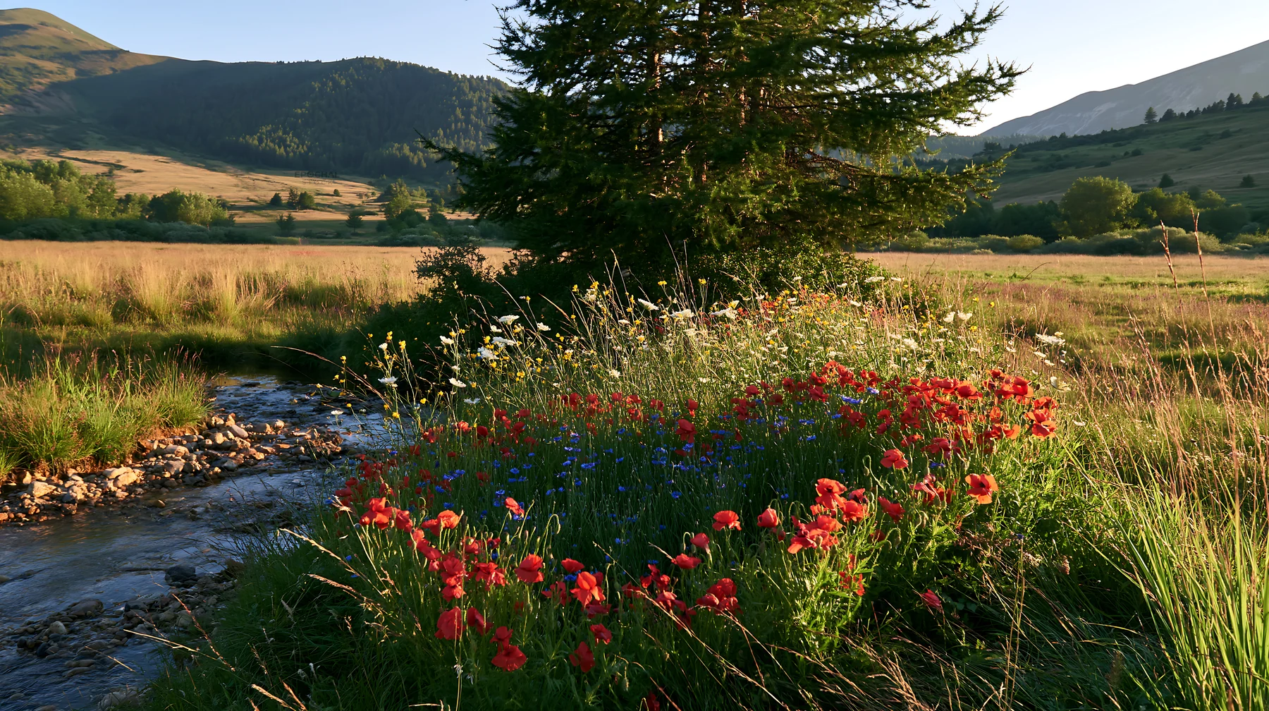 Christmas tree beside stream in meadow with flowers - AI-generated stock image