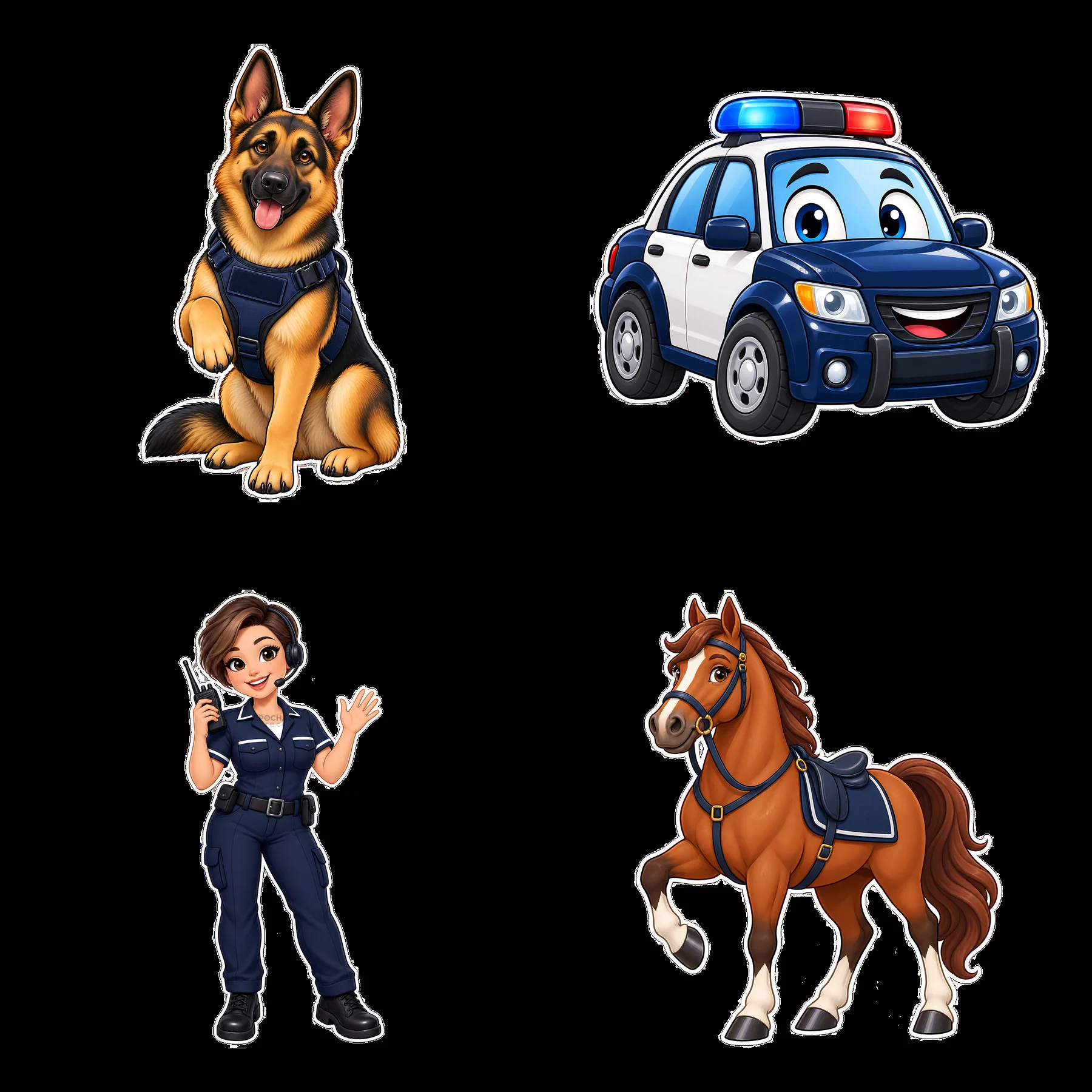 Police car, dog, officer, and horse cartoon stickers arranged in grid - AI-generated stock image