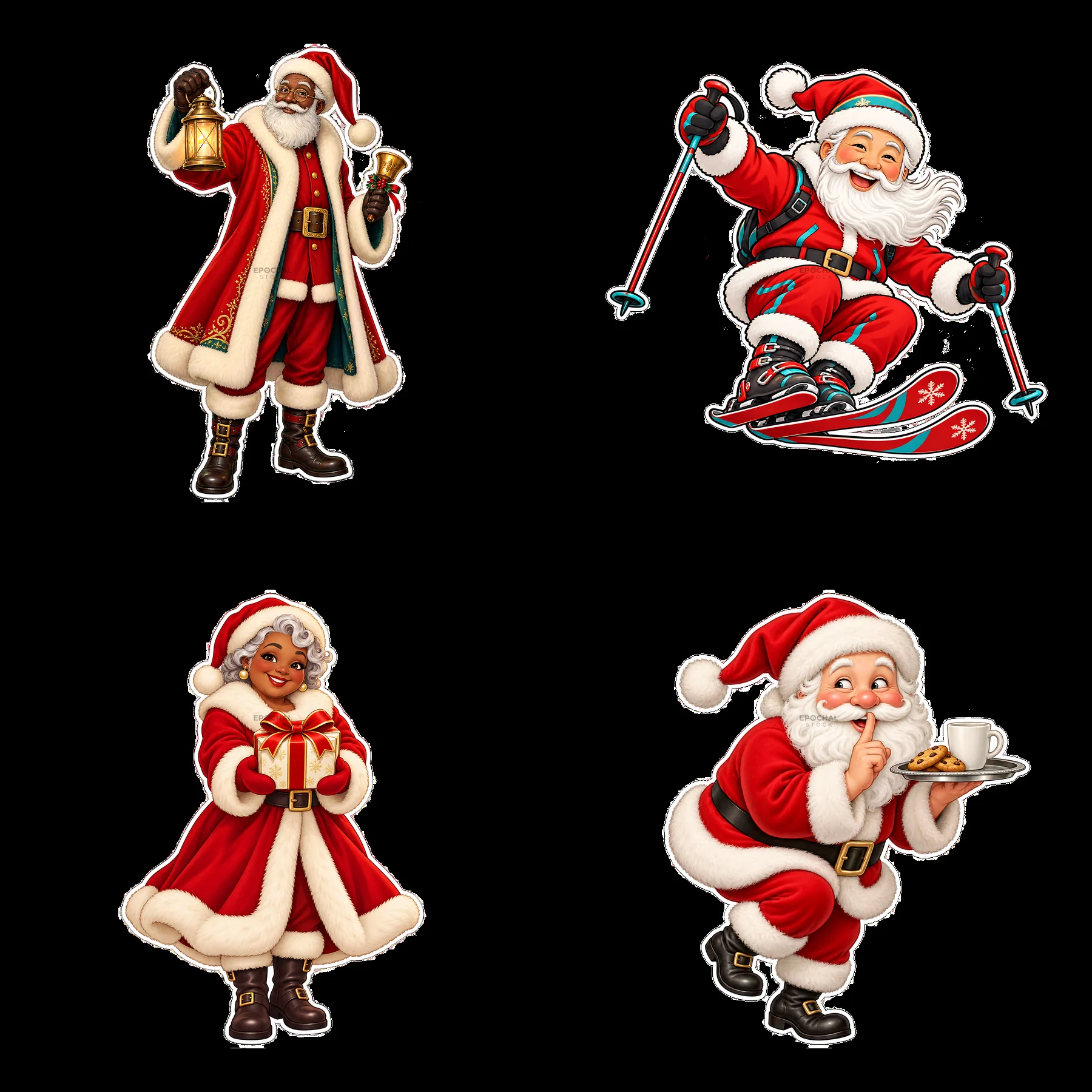 Santa Claus characters in holiday activities and festive attire - AI-generated stock image
