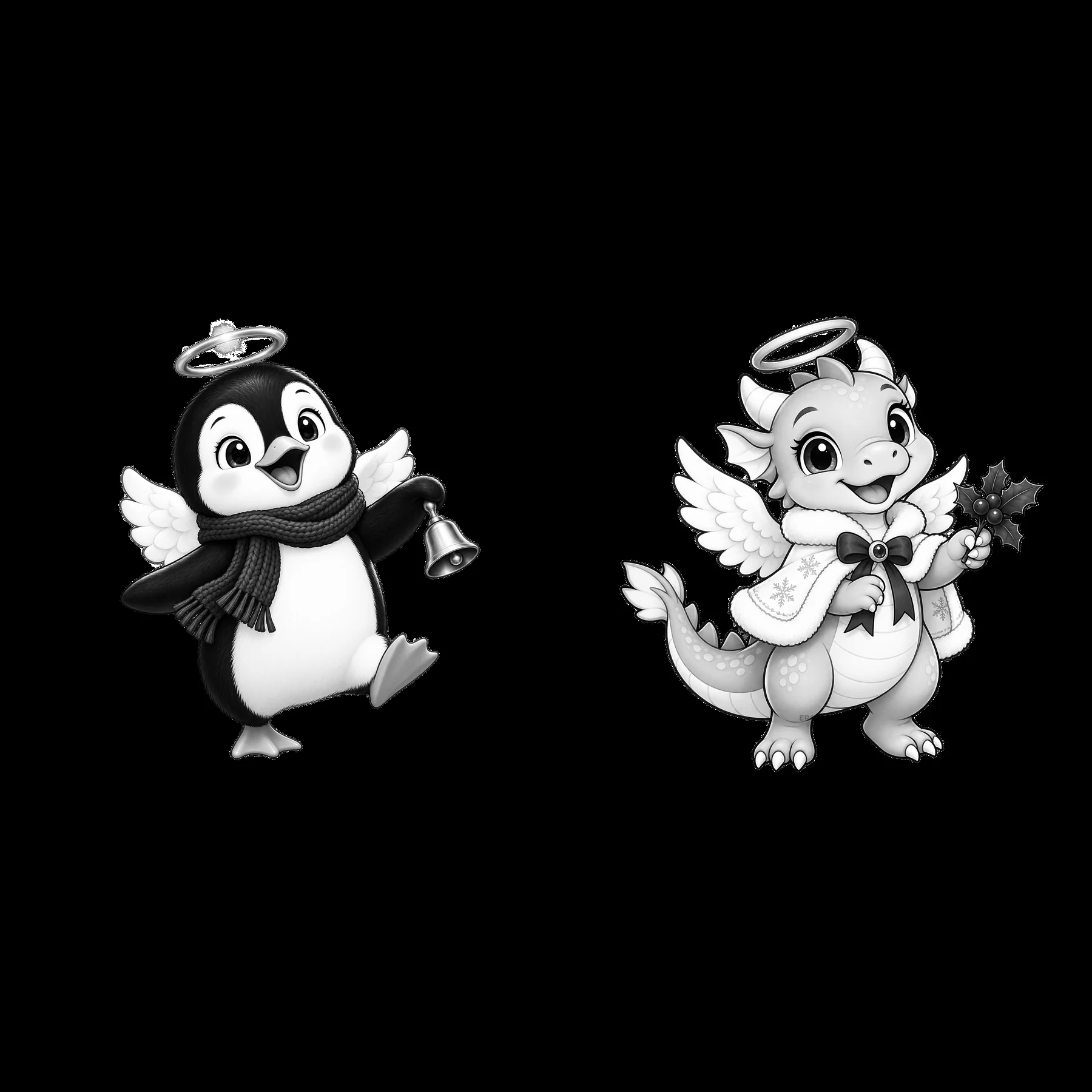 Christmas angel penguin and dragon characters in black and white - AI-generated stock image