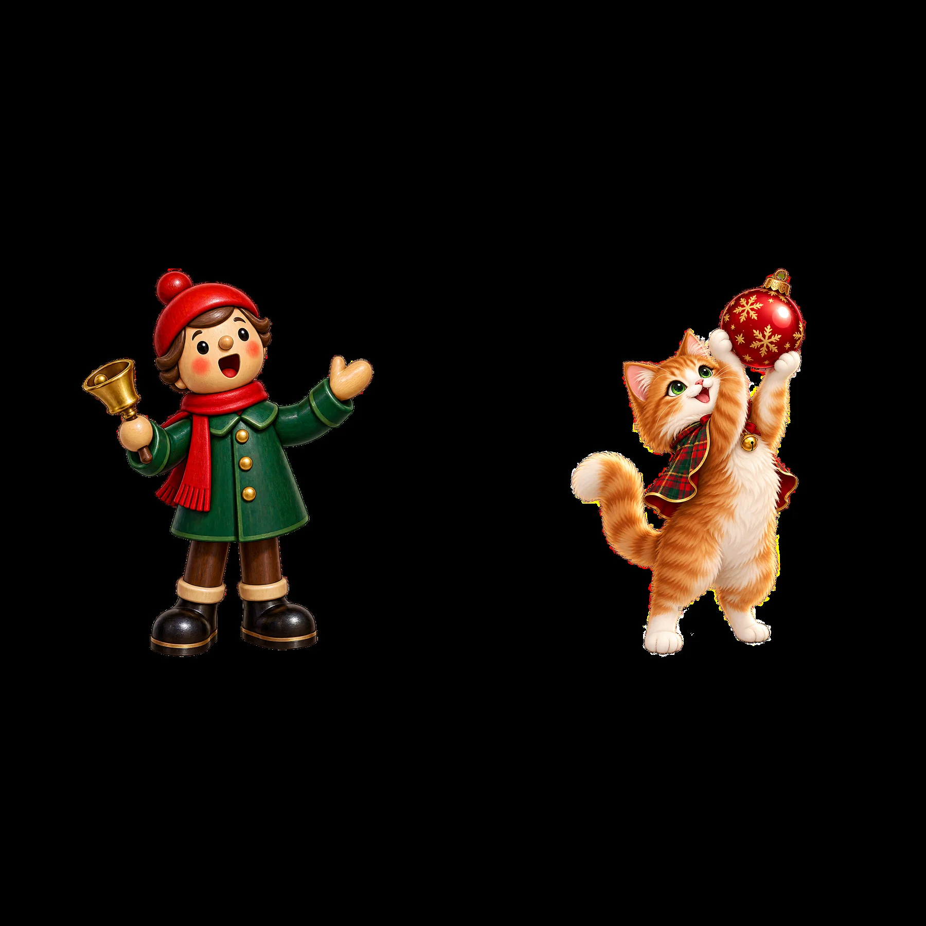 Child and cat celebrating Christmas with a bell and ornament - AI-generated stock image