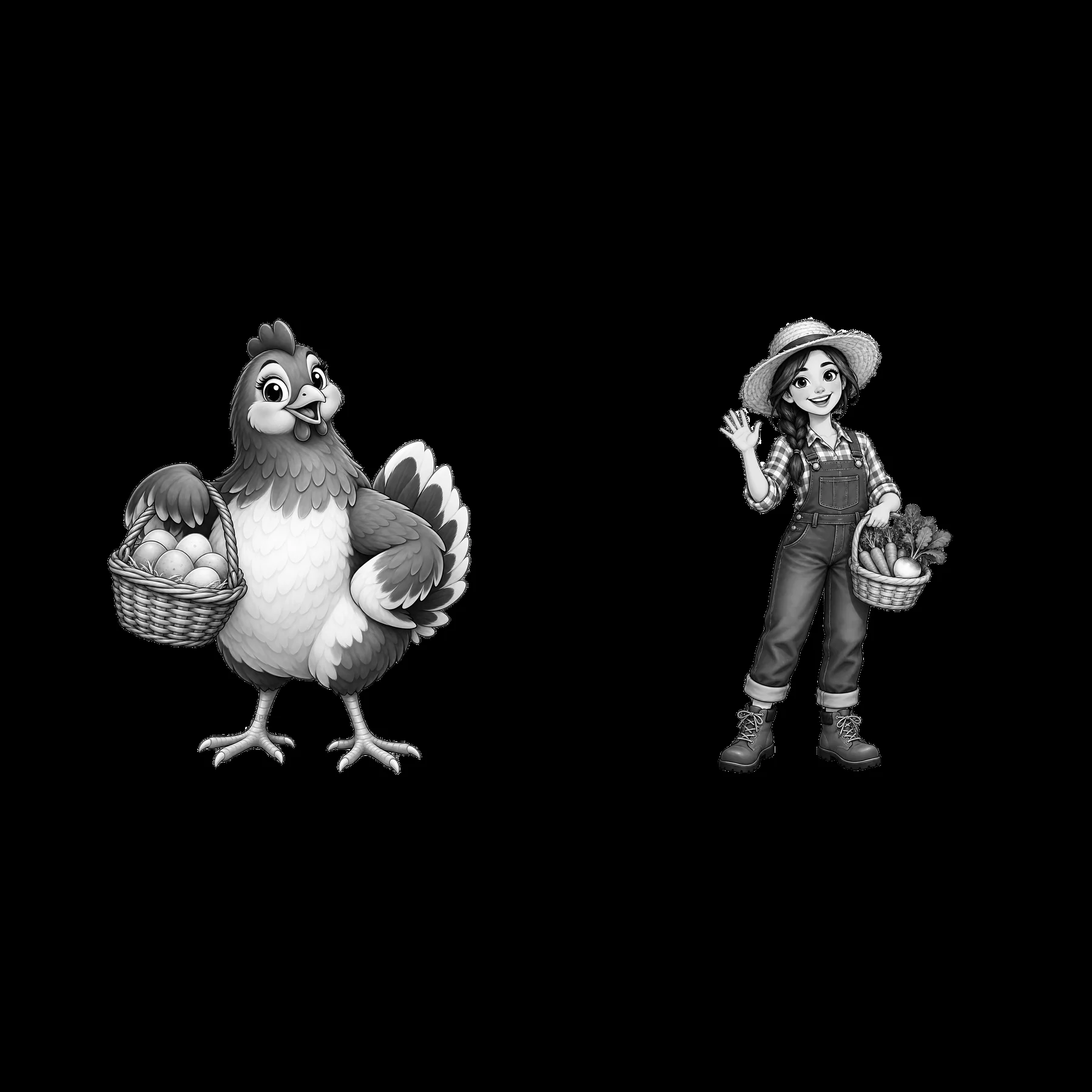 Cartoon chicken holding eggs and farm girl with vegetables - AI-generated stock image