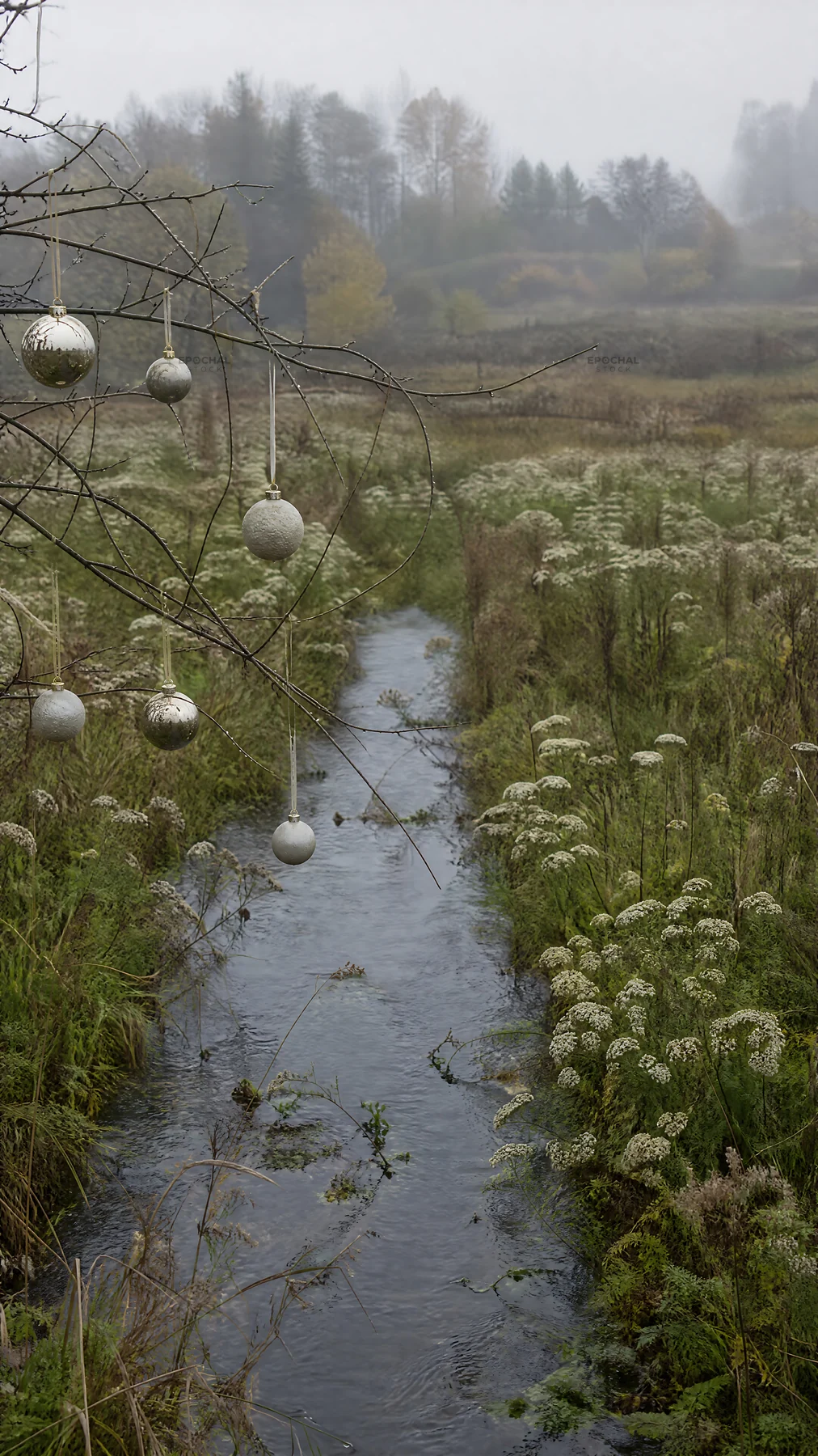 Christmas ornaments hang above stream in meadow - AI-generated stock image