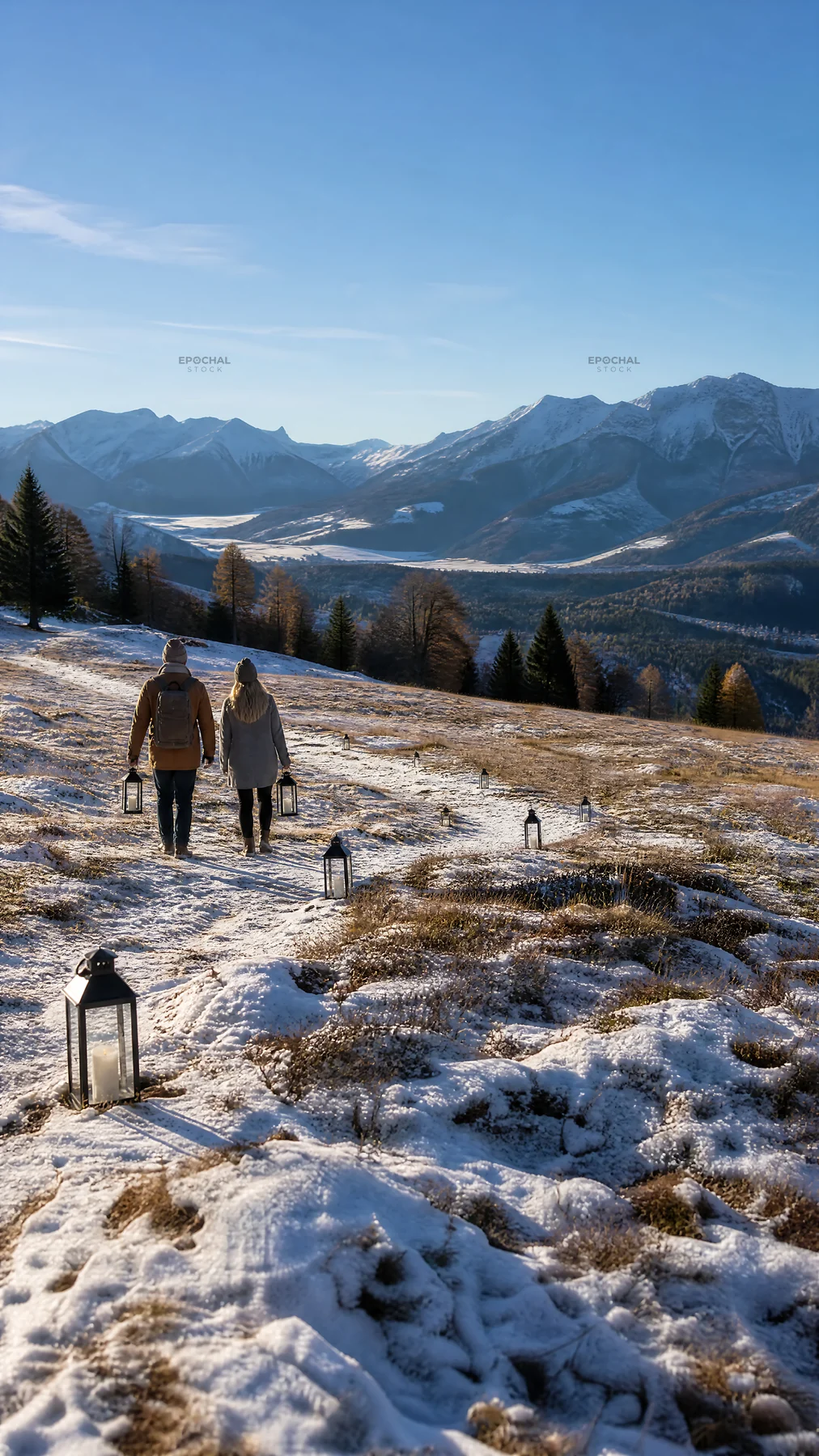 Couple walking on snow path in a colorful Christmas meadow - AI-generated stock image