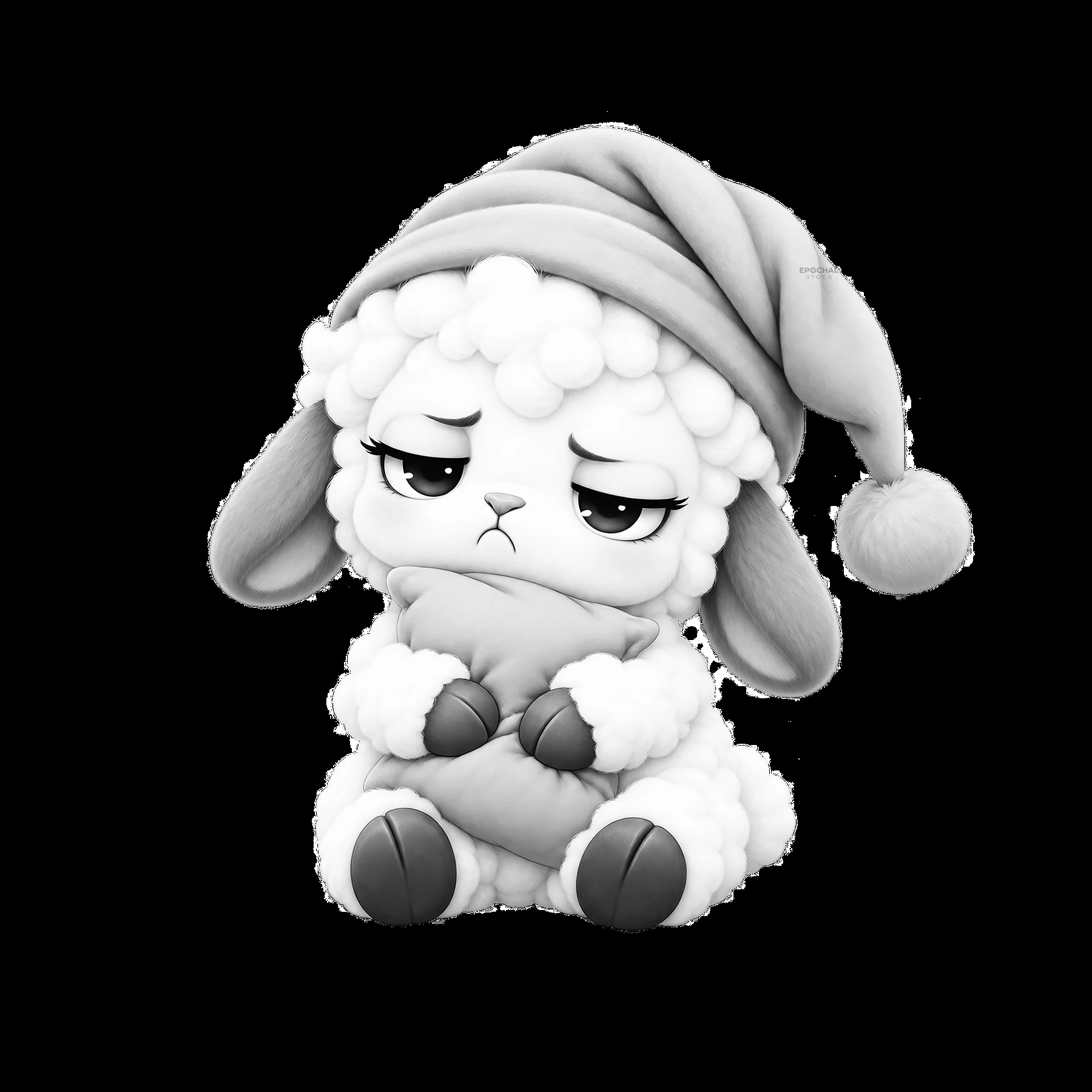 Kawaii grumpy sheep sitting with a blanket and a hat - AI-generated stock image