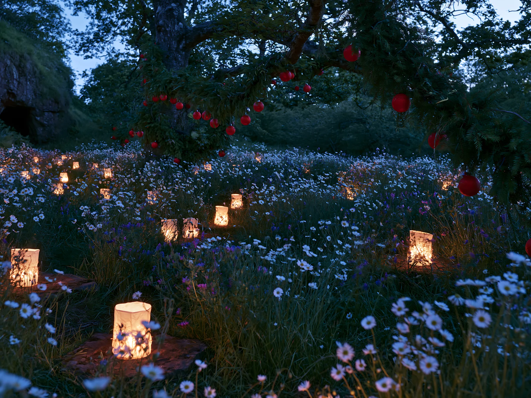 Christmas lanterns in meadow near cave at dusk - AI-generated stock image