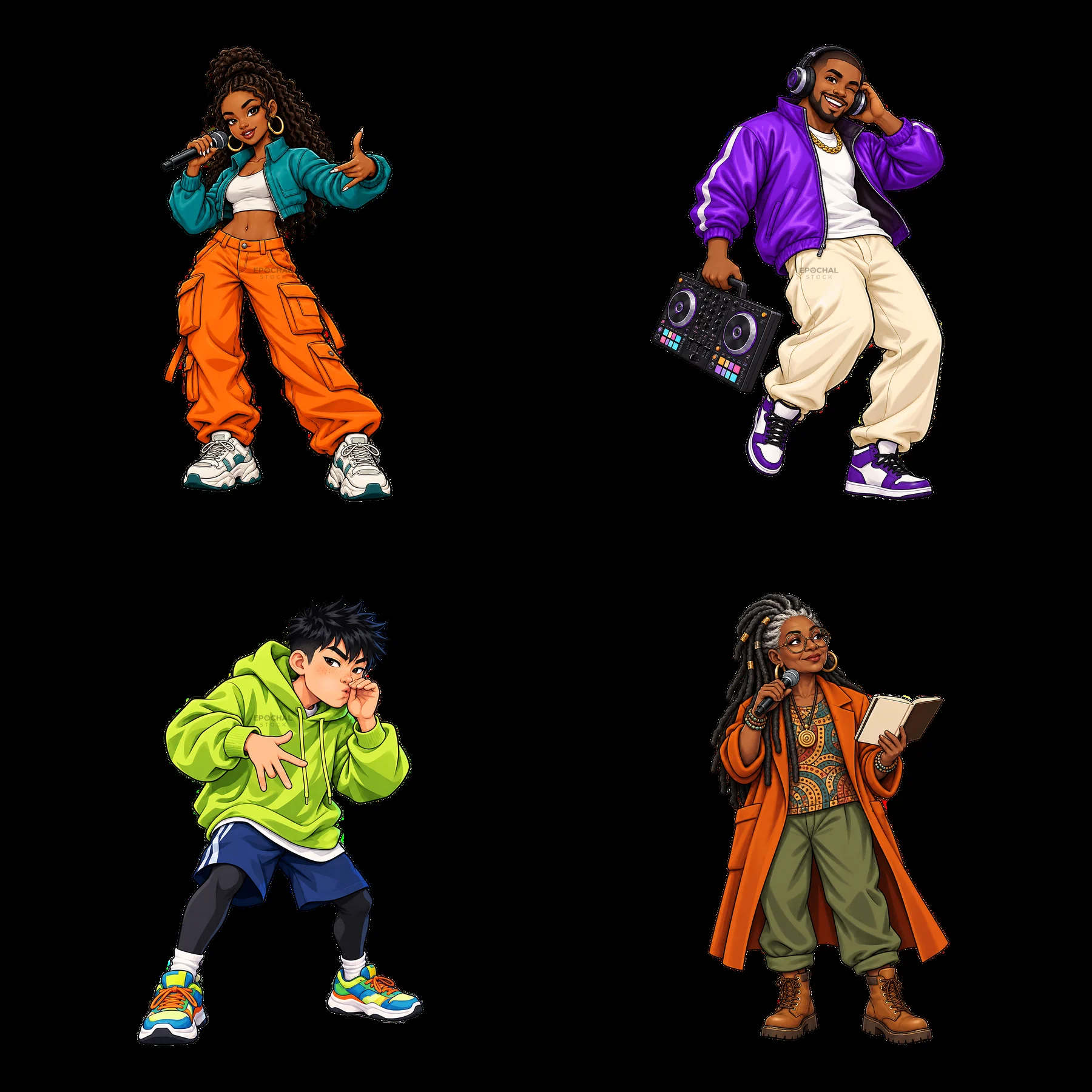 Hip-hop artist stickers in a colorful 2x2 grid layout - AI-generated stock image