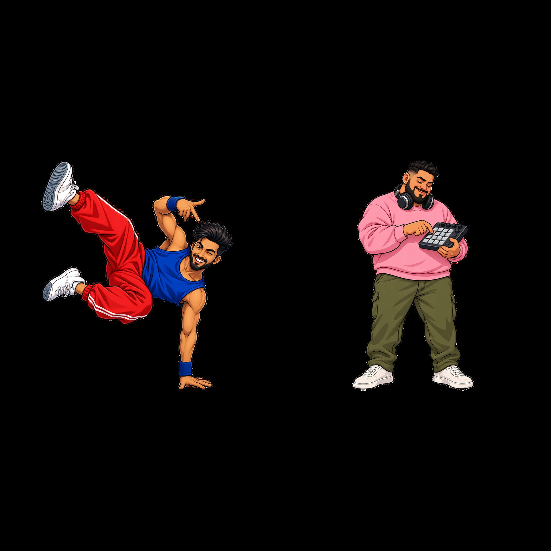 Hip-hop dancers performing moves with music equipment - AI-generated stock image