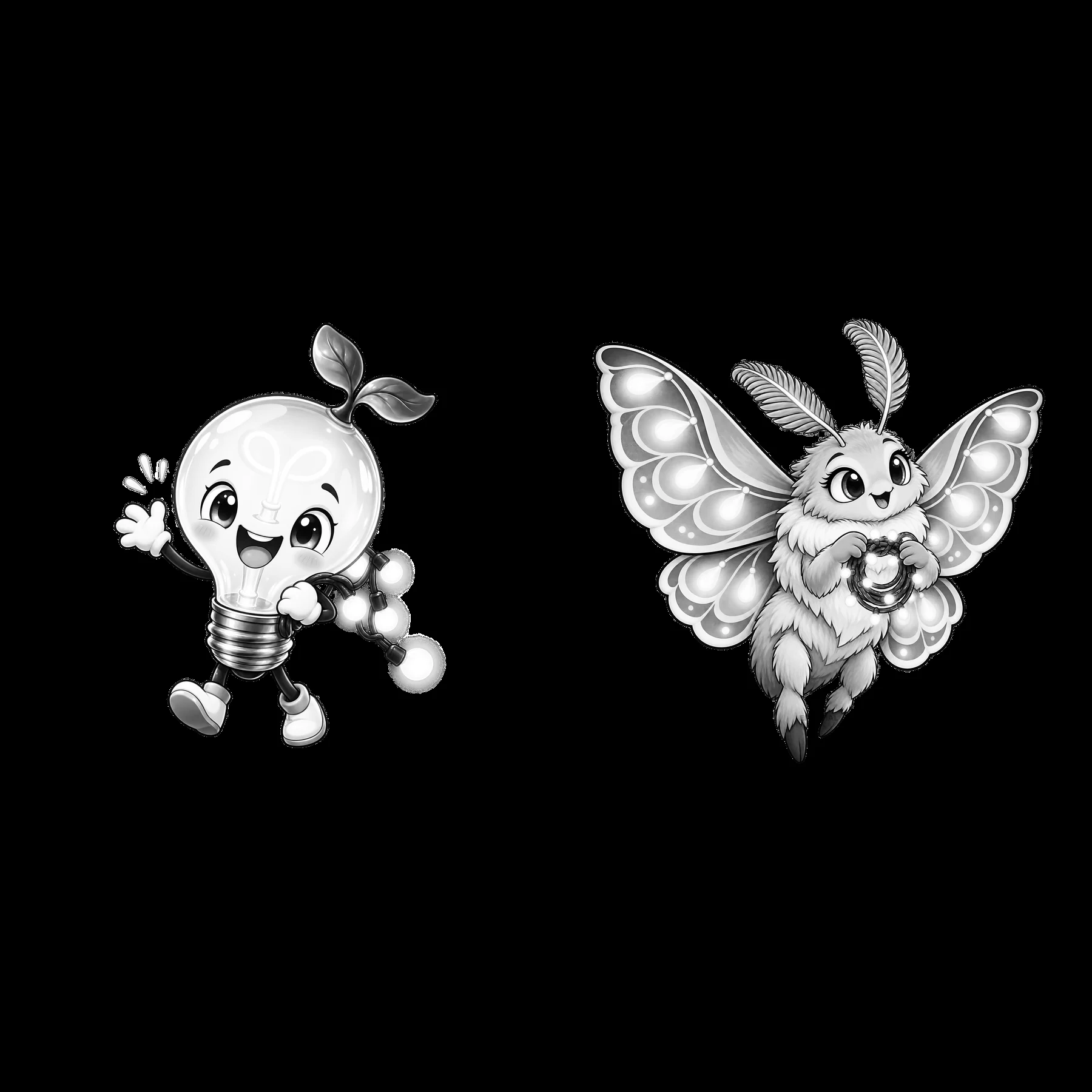 Light bulb character and butterfly character with string lights - AI-generated stock image