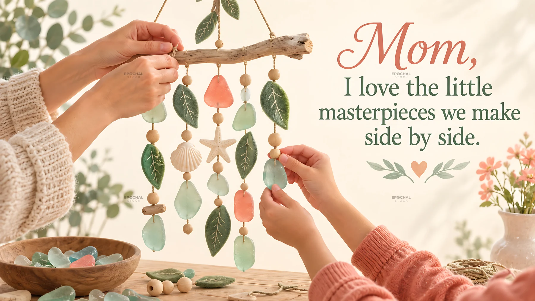 Love You Mom Greeting with Handmade Hanging Mobile - AI-generated stock image