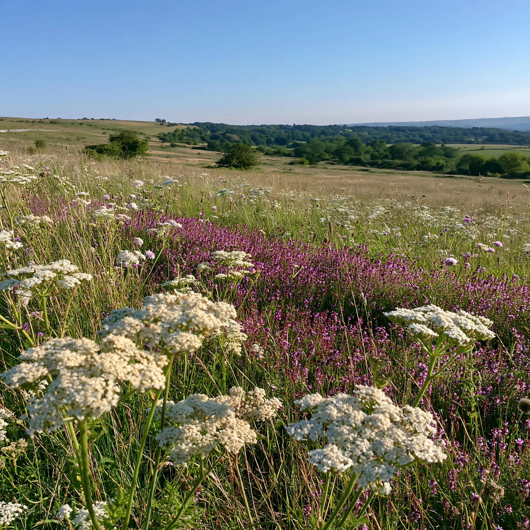 Sunny limestone meadow with wildflowers and distant hills - AI-generated stock image