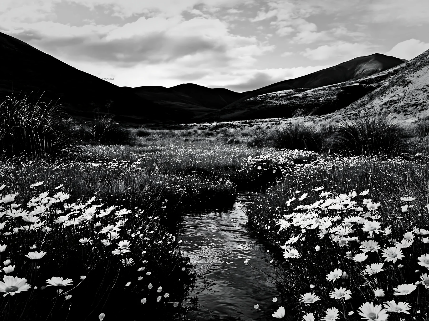Winding stream through a meadow with flowers and mountains - AI-generated stock image