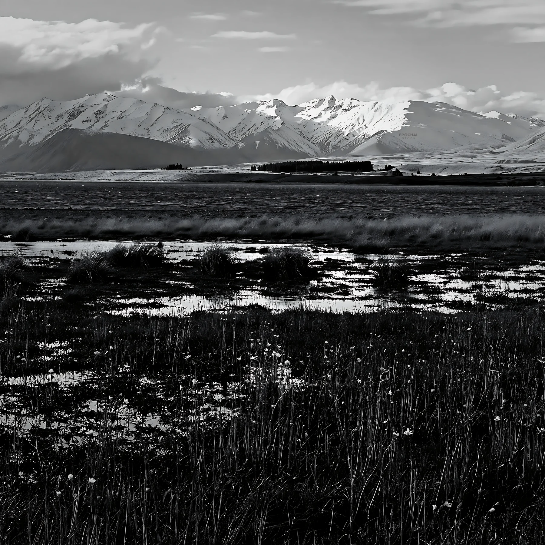 Snowy alps and meadow at Lake Tekapo in black and white - AI-generated stock image