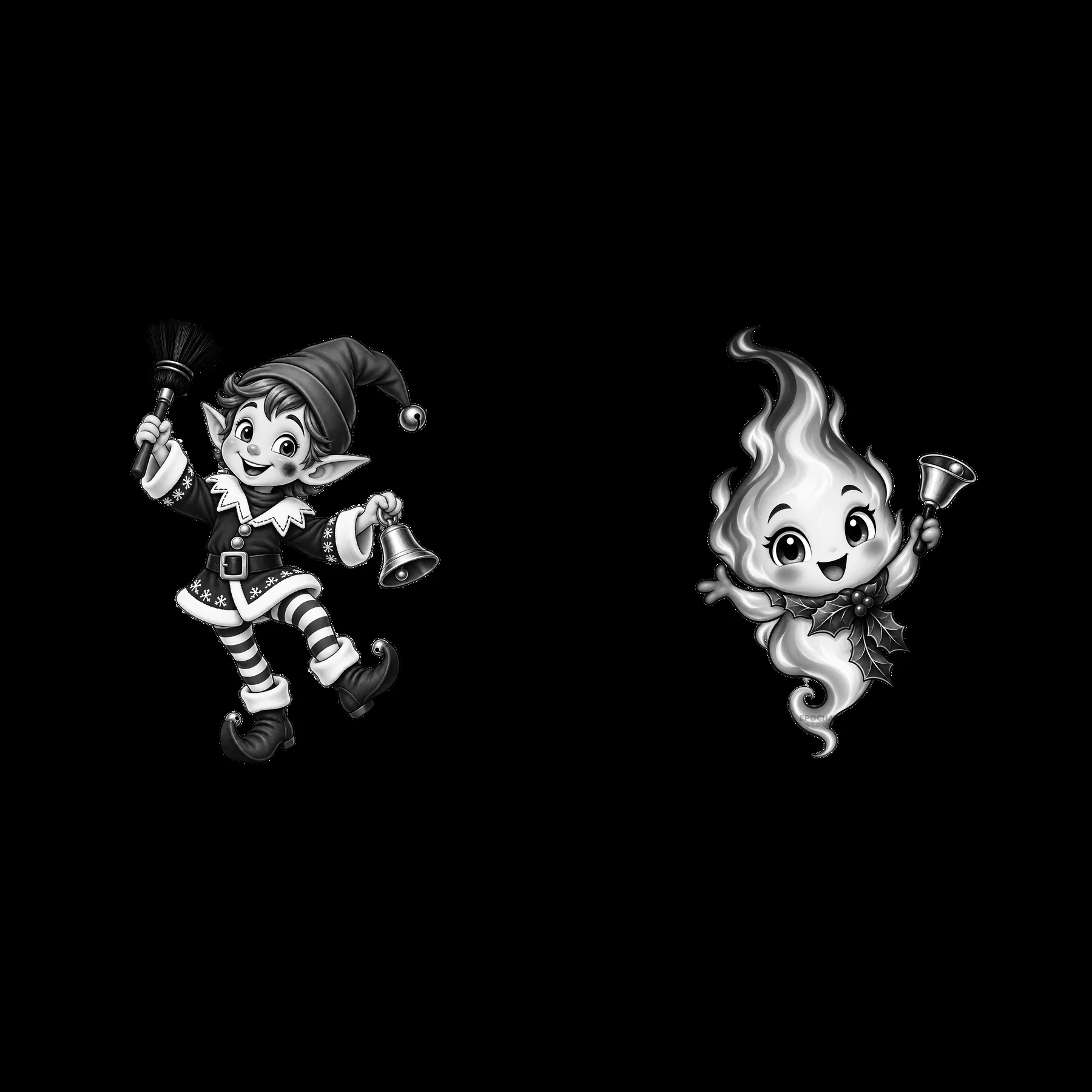 Monochrome two isolated cartoon figure stickers - AI-generated stock image