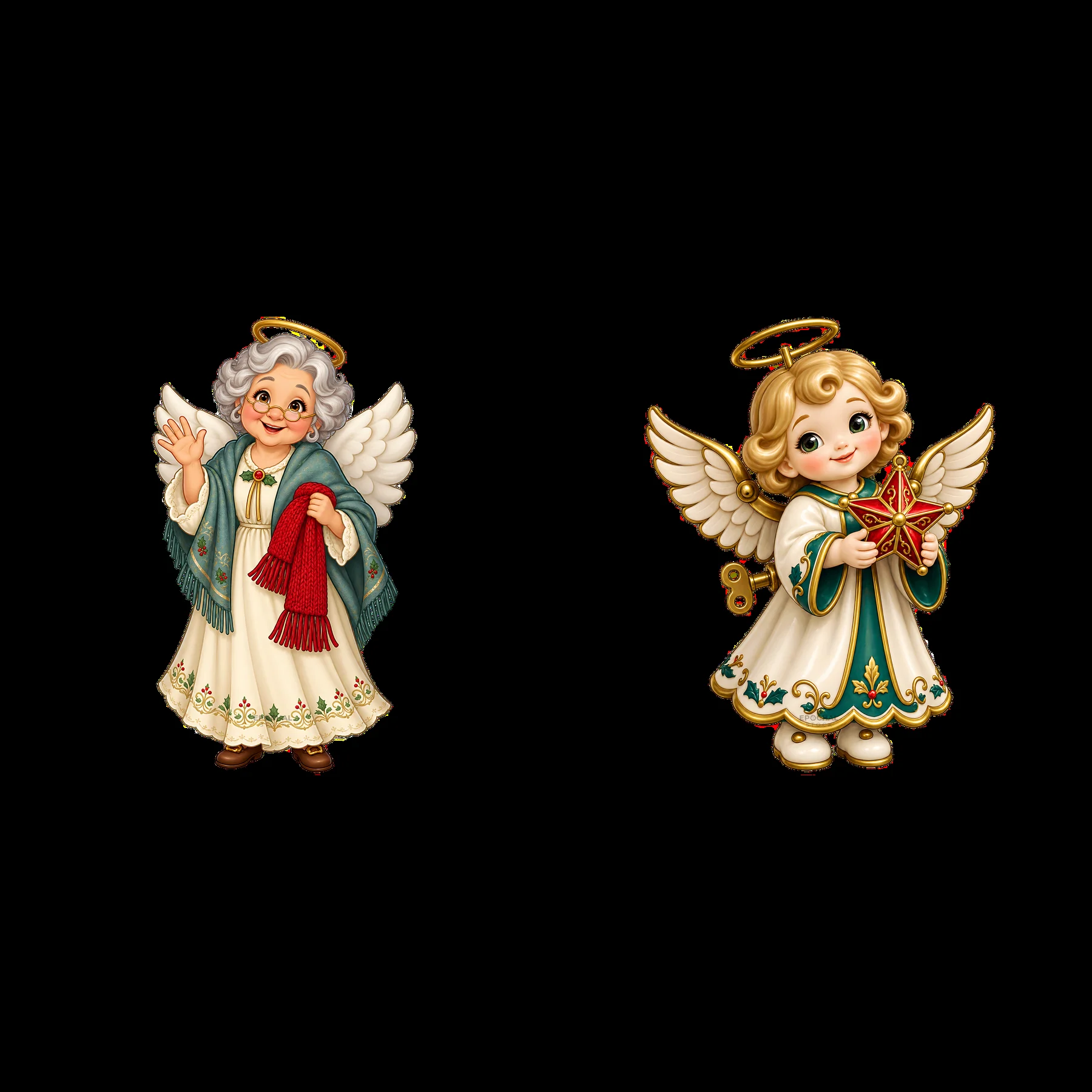 Two Christmas angels with unique features and cheerful expressions - AI-generated stock image