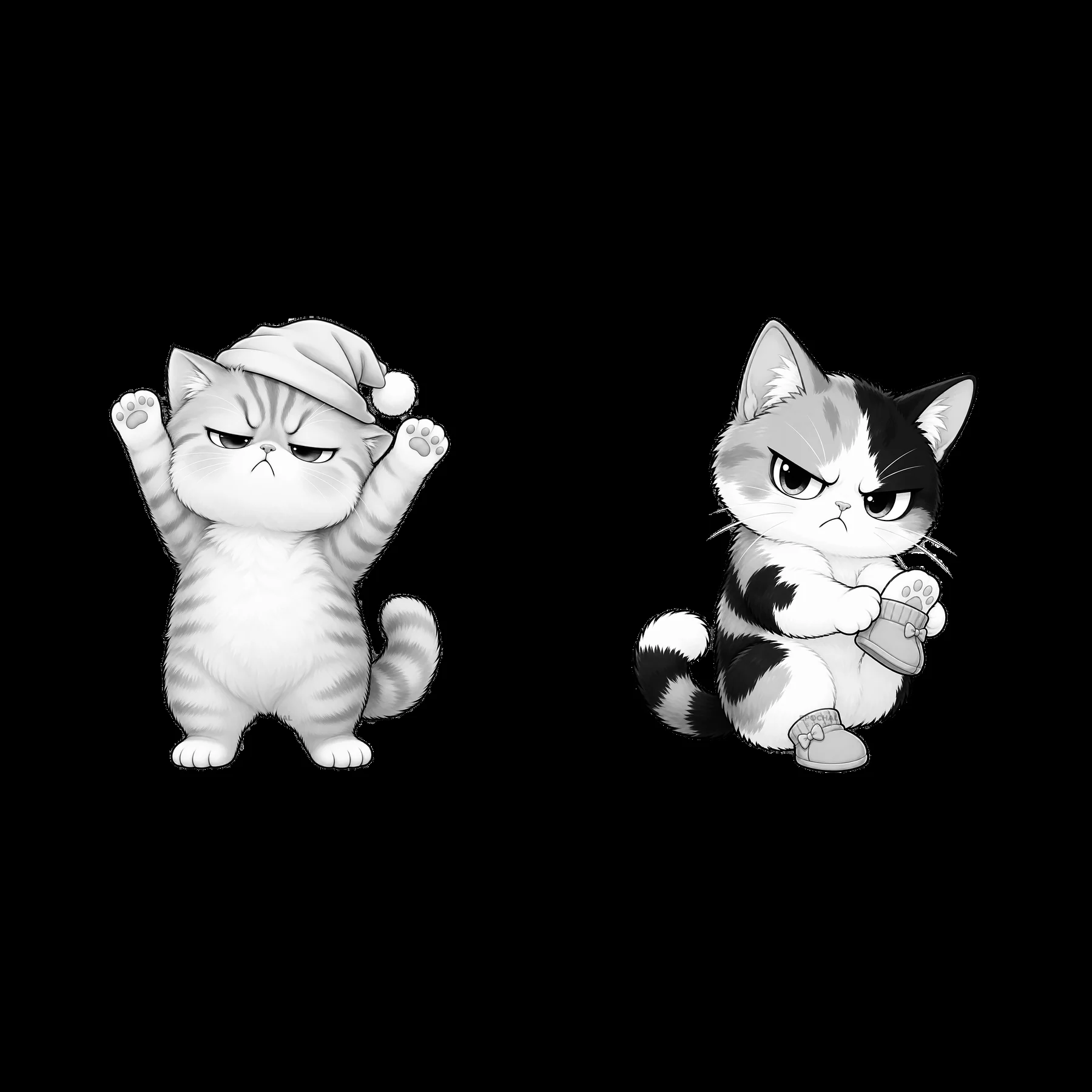 Kawaii grumpy cats celebrating with accessories and expressions - AI-generated stock image