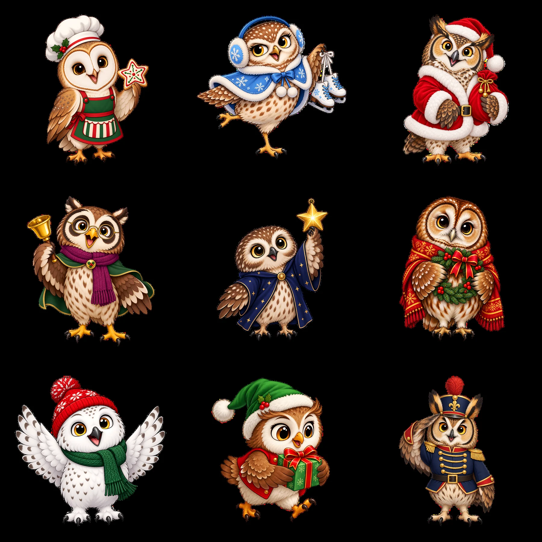 Christmas owls in festive outfits celebrating the winter season - AI-generated stock image