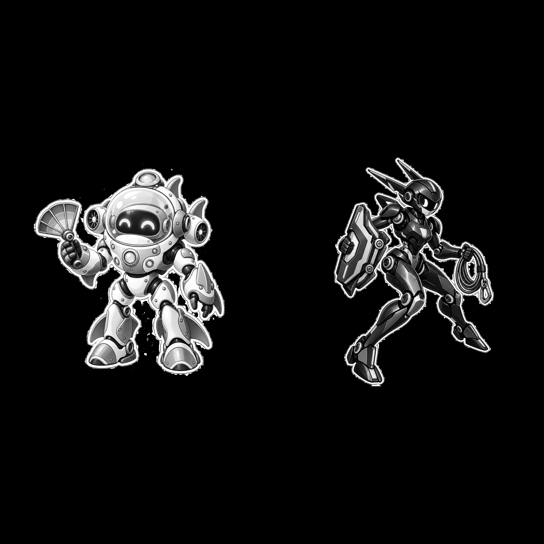 Two mech robots with accessories in a monochrome style - AI-generated stock image