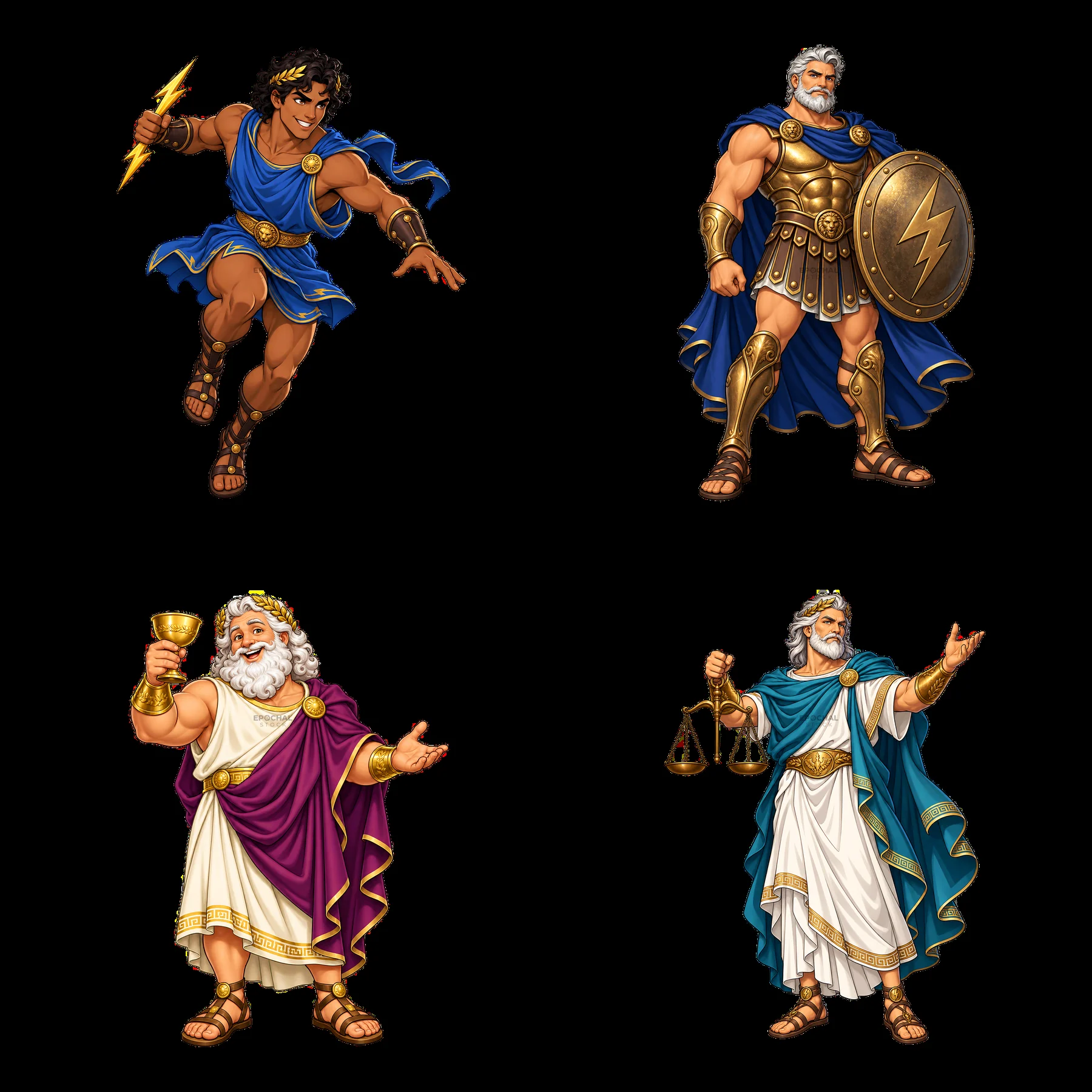 Zeus and his divine figures in a 2x2 cartoon sticker arrangement - AI-generated stock image