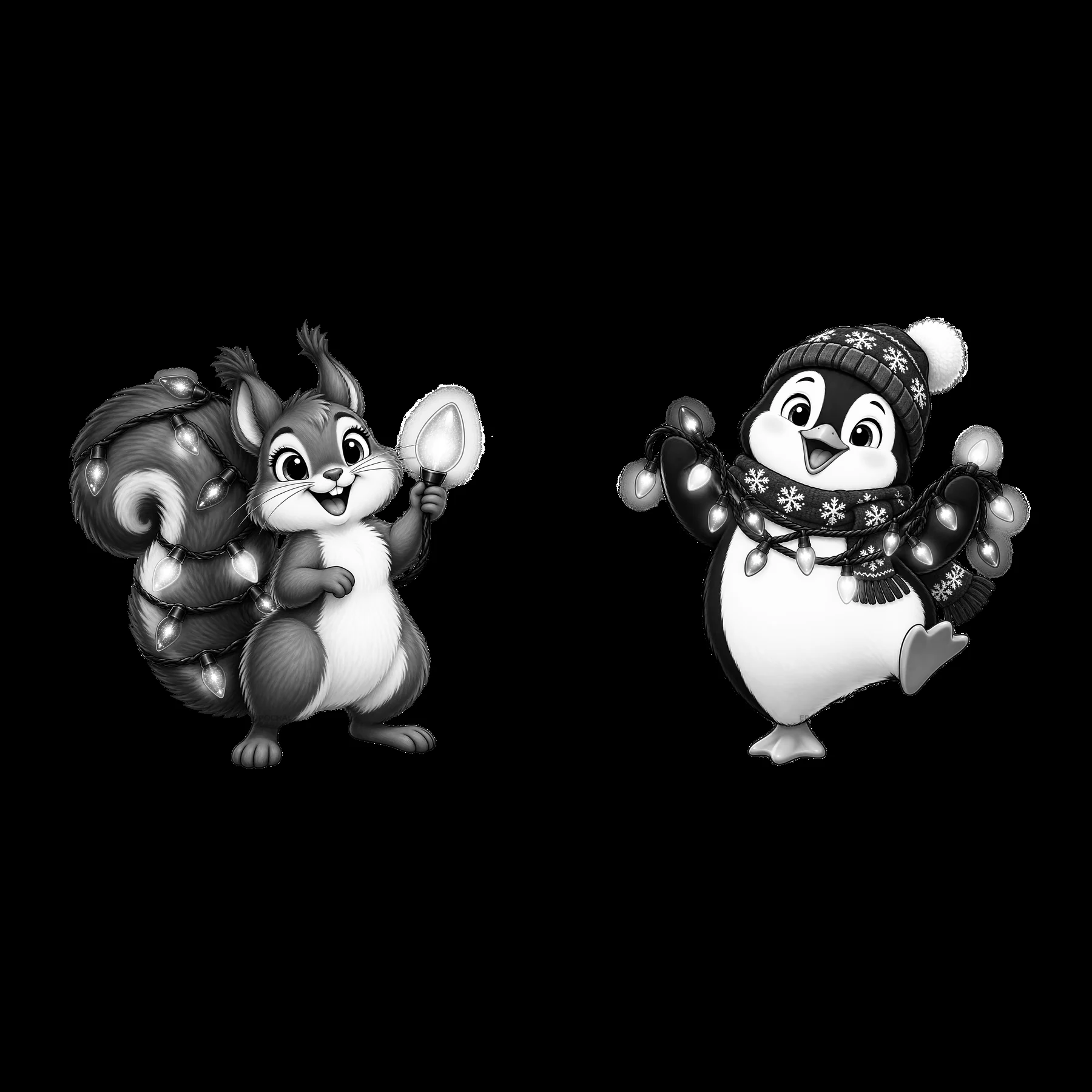 Squirrel and penguin holding string lights in black and white - AI-generated stock image