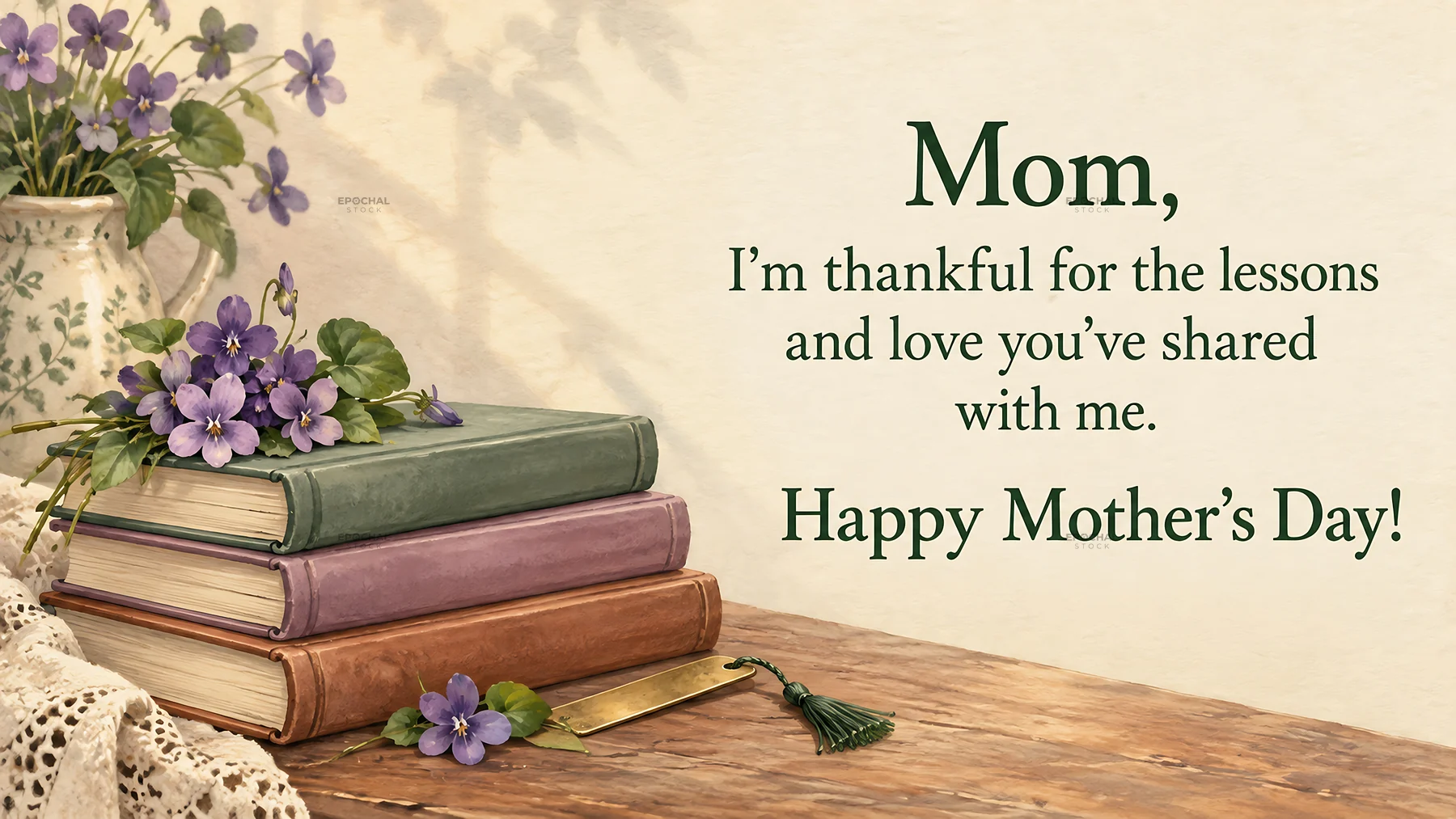 Mother's Day greeting with books and violets - AI-generated stock image