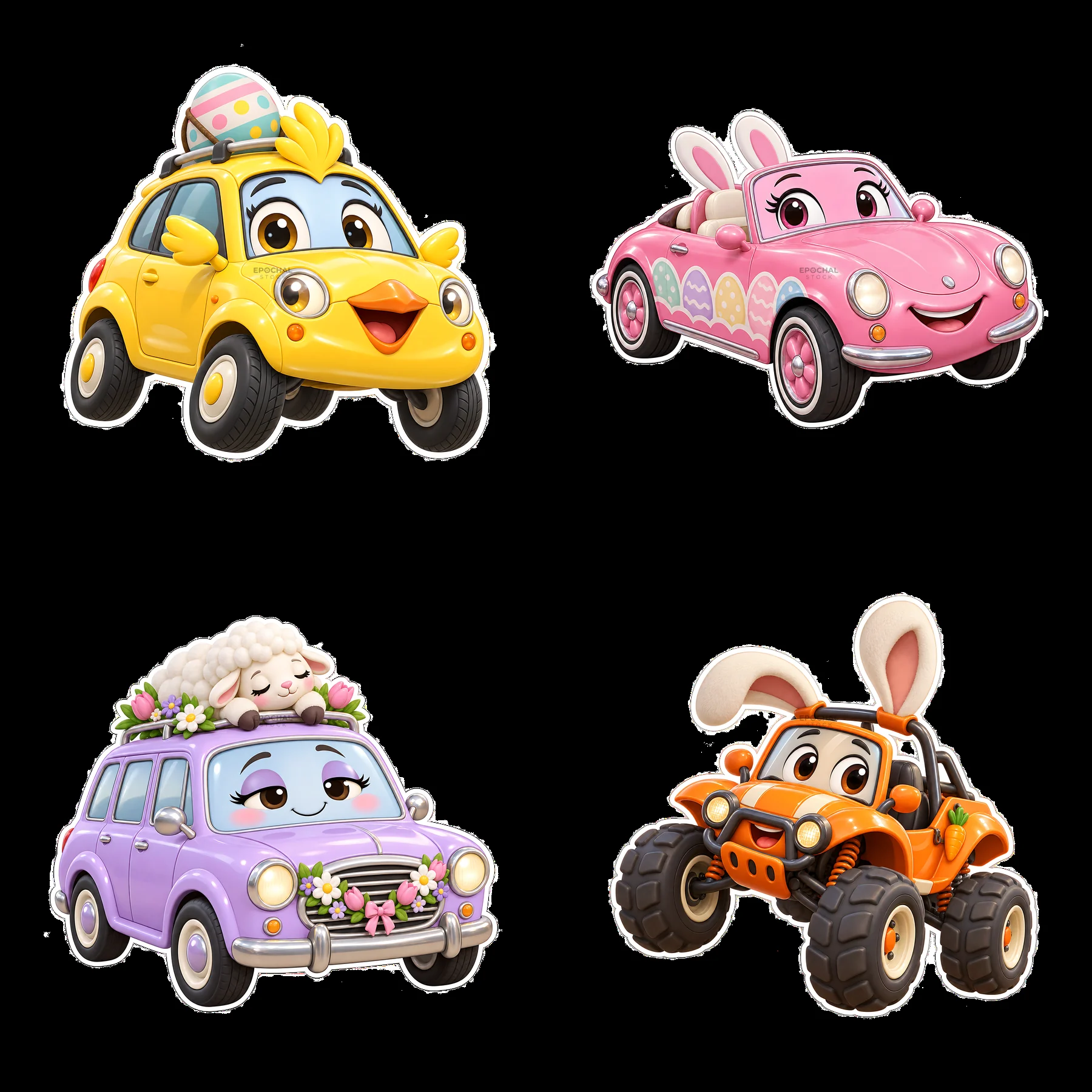Easter-themed cartoon cars with animals and festive accessories - AI-generated stock image