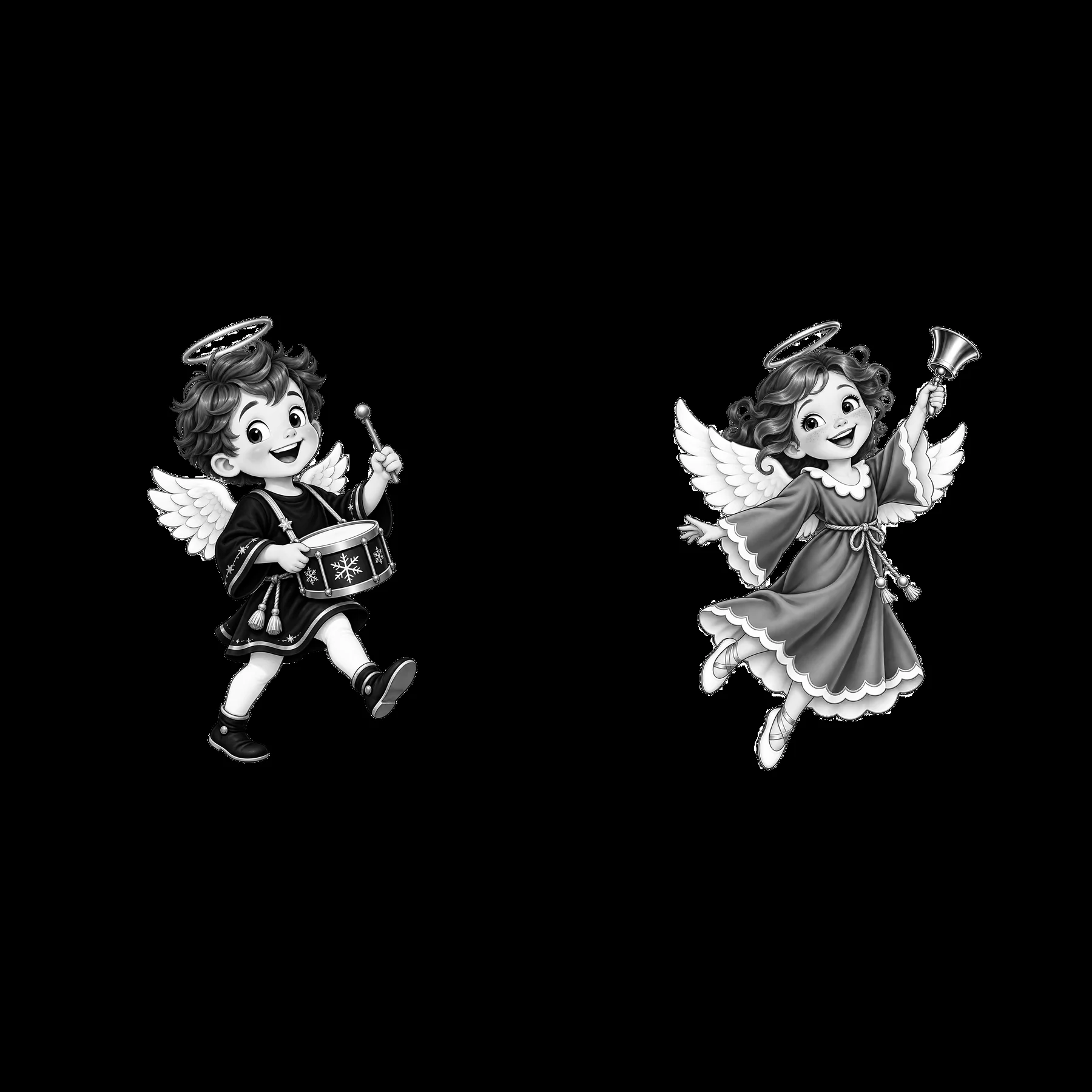 Christmas angels playing musical instruments in black and white - AI-generated stock image