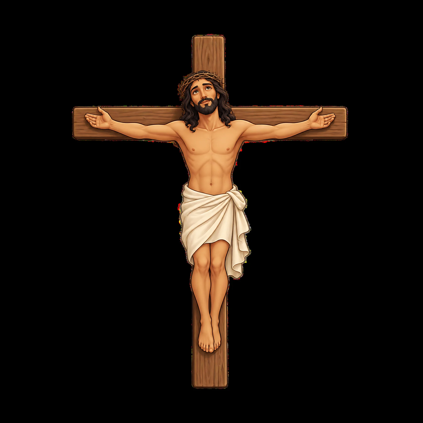 Jesus crucified on a wooden cross with a crown of thorns - AI-generated stock image