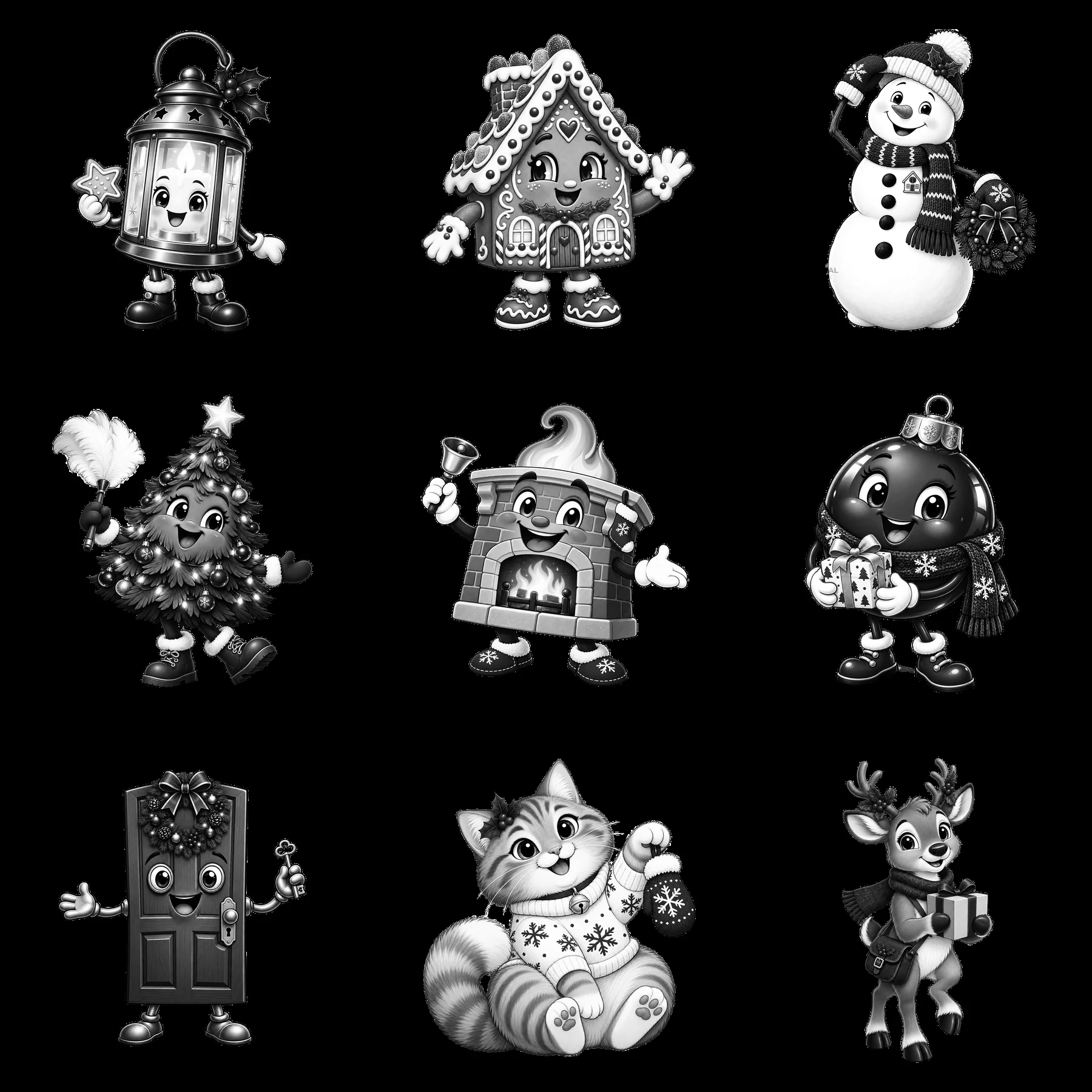 Christmas house cartoon characters in a 3x3 layout - AI-generated stock image