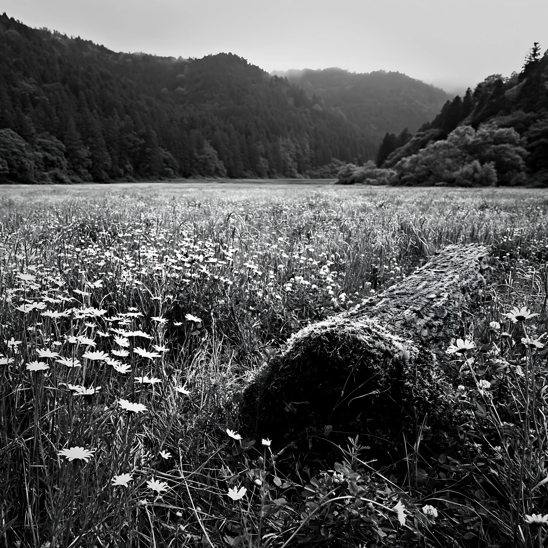 Mossy log in low carbon meadow with wildflowers in Gifu - AI-generated stock image