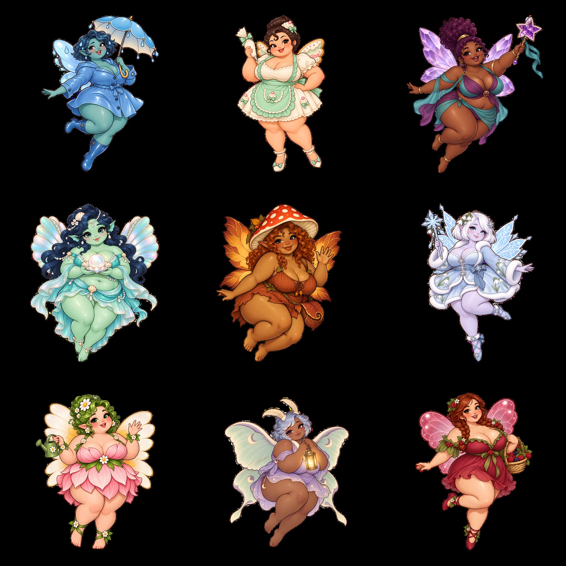 Kawaii ultra-fat fairy cartoon sticker collection in 3x3 layout - AI-generated stock image