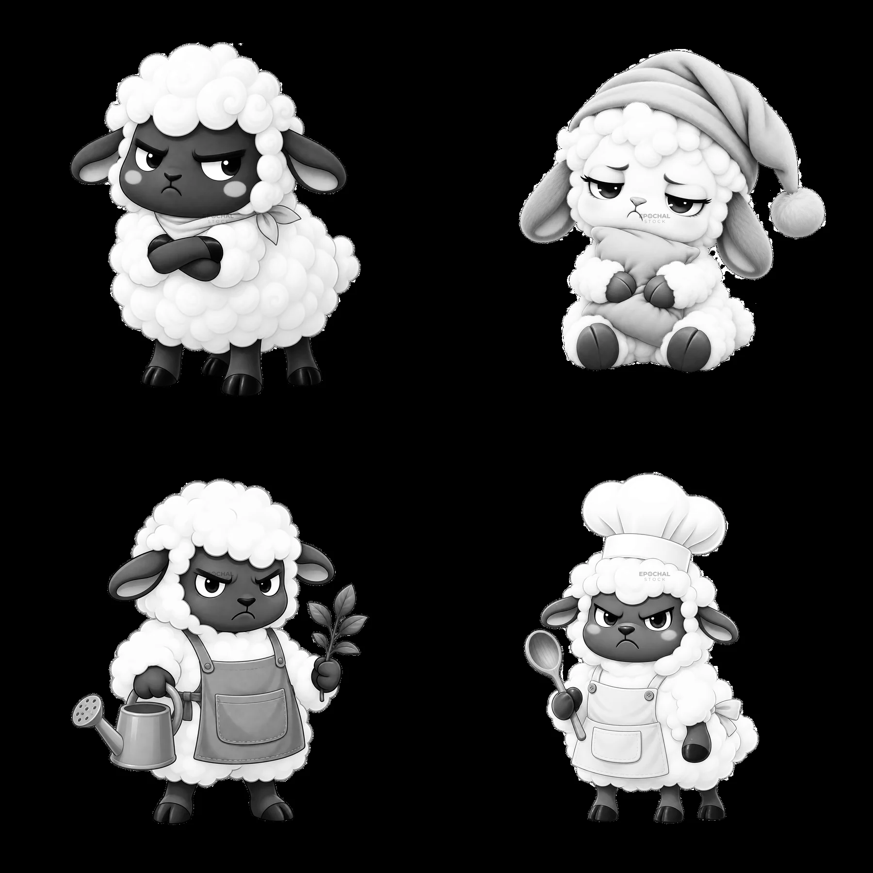 Grumpy sheep with different expressions and outfits in four designs - AI-generated stock image