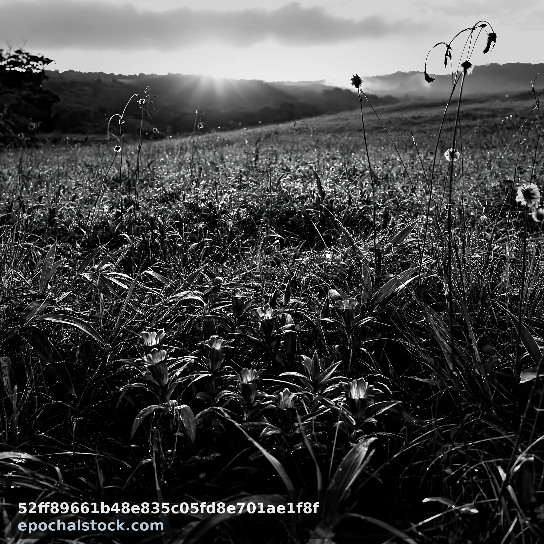 Black and white expansive Hokkaido restoration meadow with dewdrops - AI-generated stock image