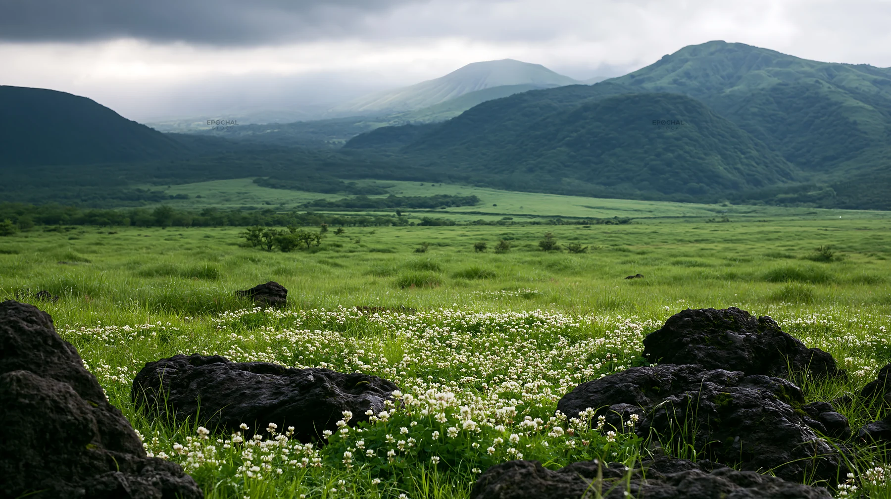 Kumamoto volcanic meadow dark rock foreground with green landscape - AI-generated stock image