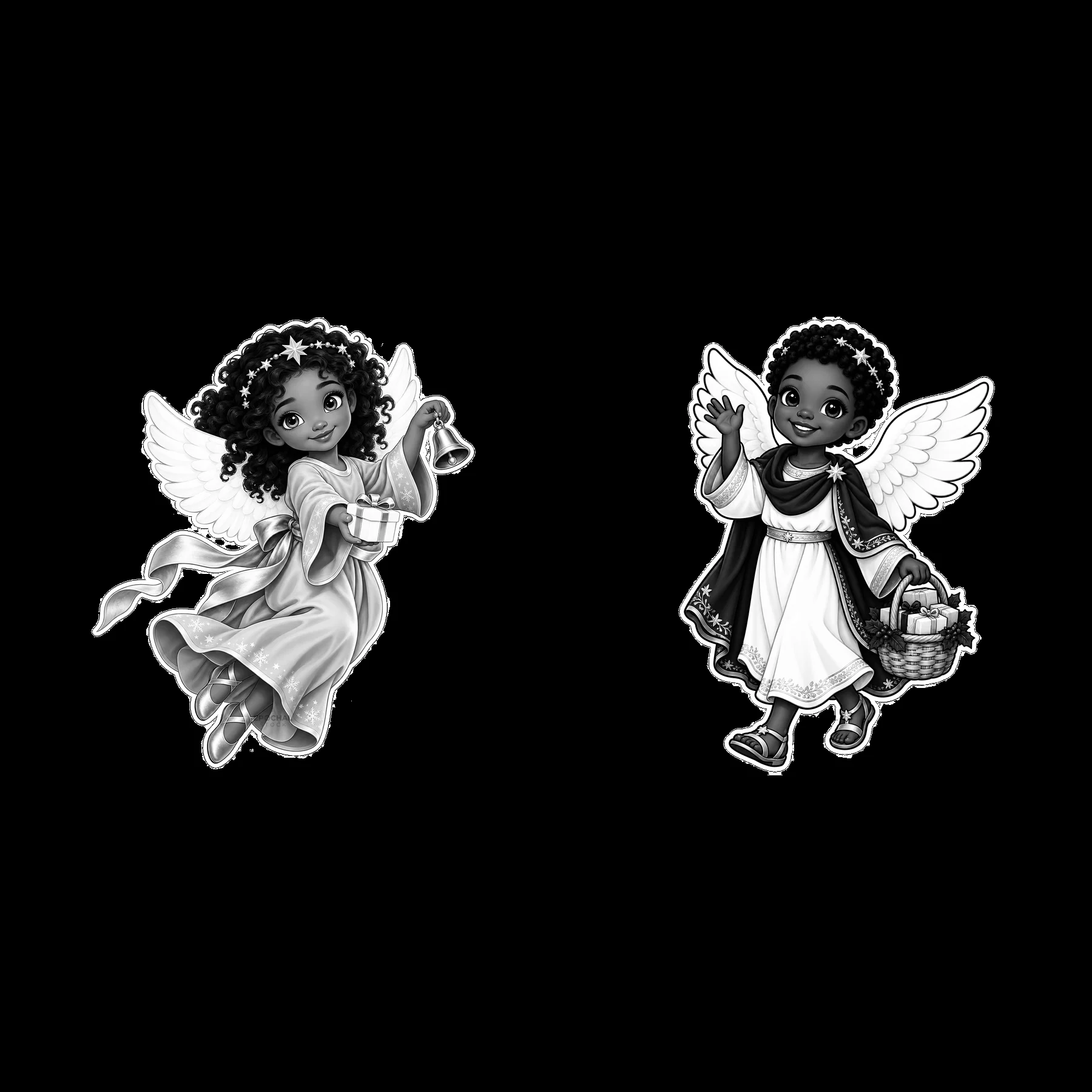 Christ Child brings gifts and joy in monochrome illustration - AI-generated stock image