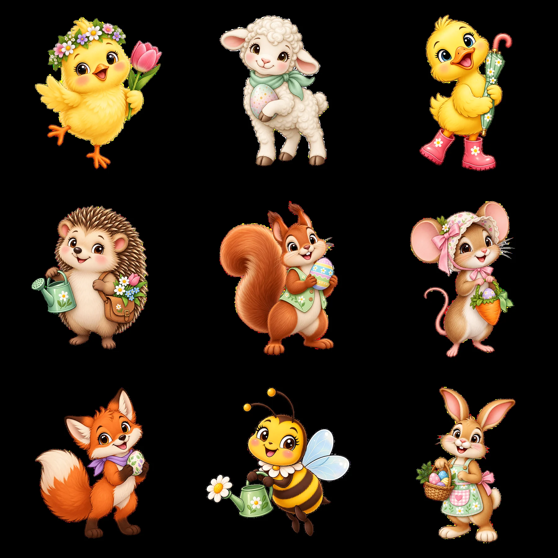 Easter meadow characters with flowers and gardening tools - AI-generated stock image