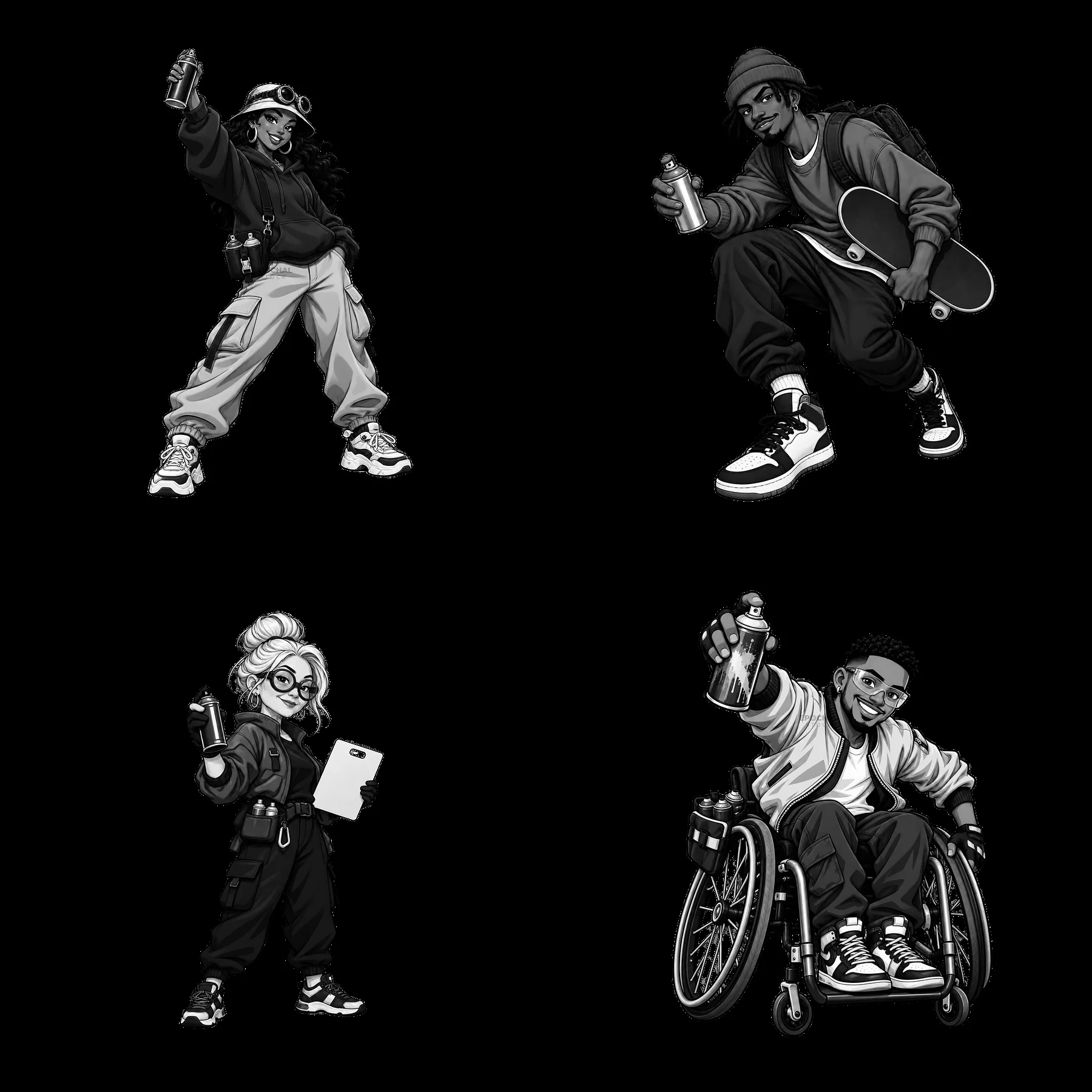 Streetwear graffiti sprayers in black-and-white cartoon stickers - AI-generated stock image