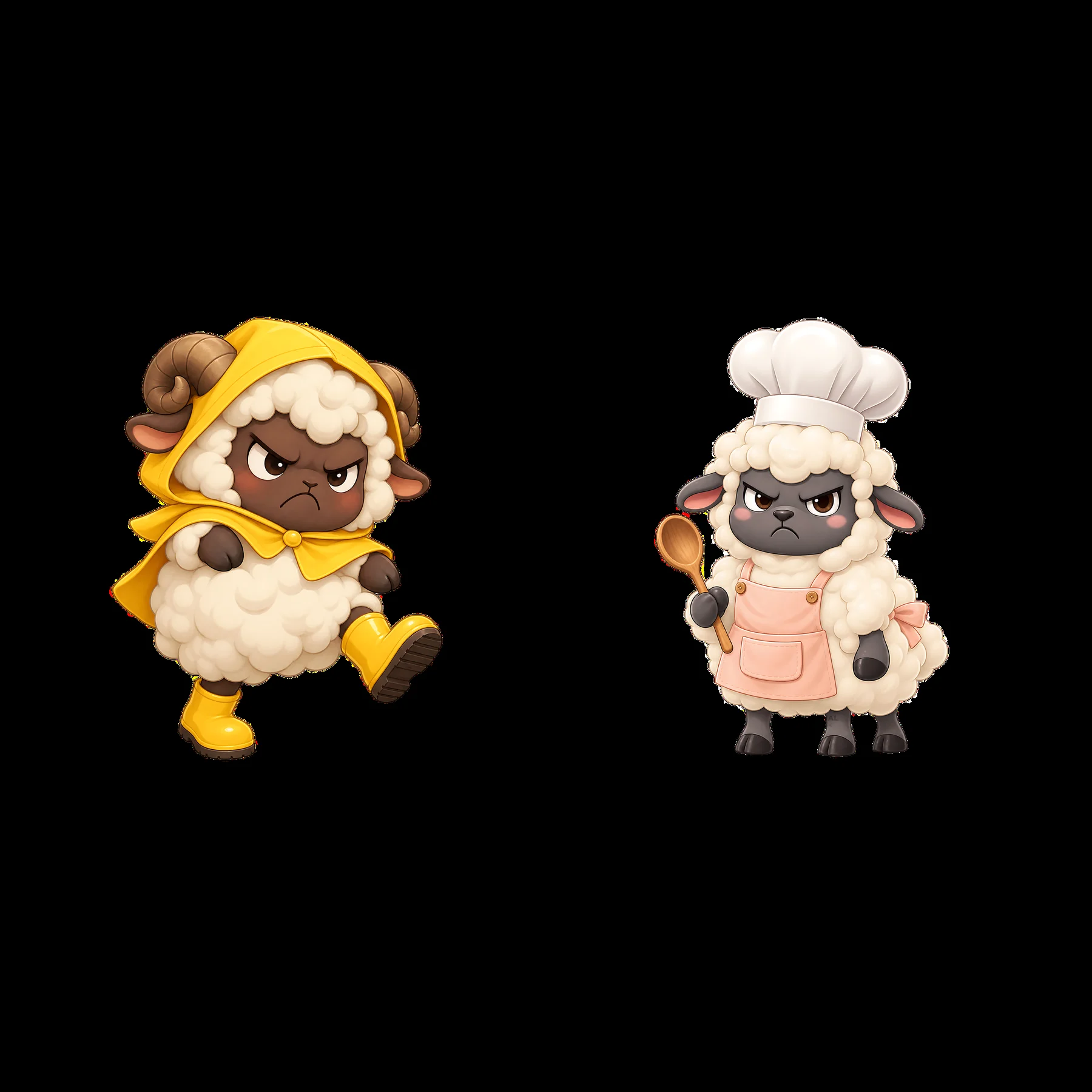 Grumpy sheep wearing yellow raincoat and apron with chef hat - AI-generated stock image