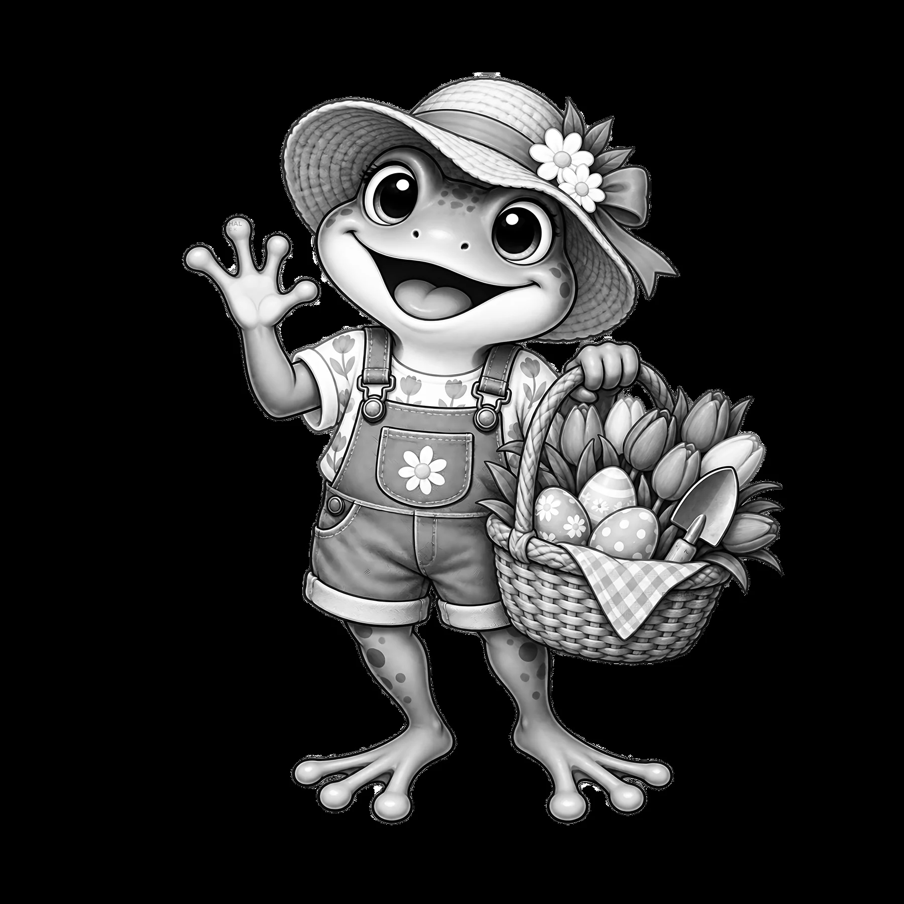 Cartoon frog character holding Easter basket in festive attire - AI-generated stock image