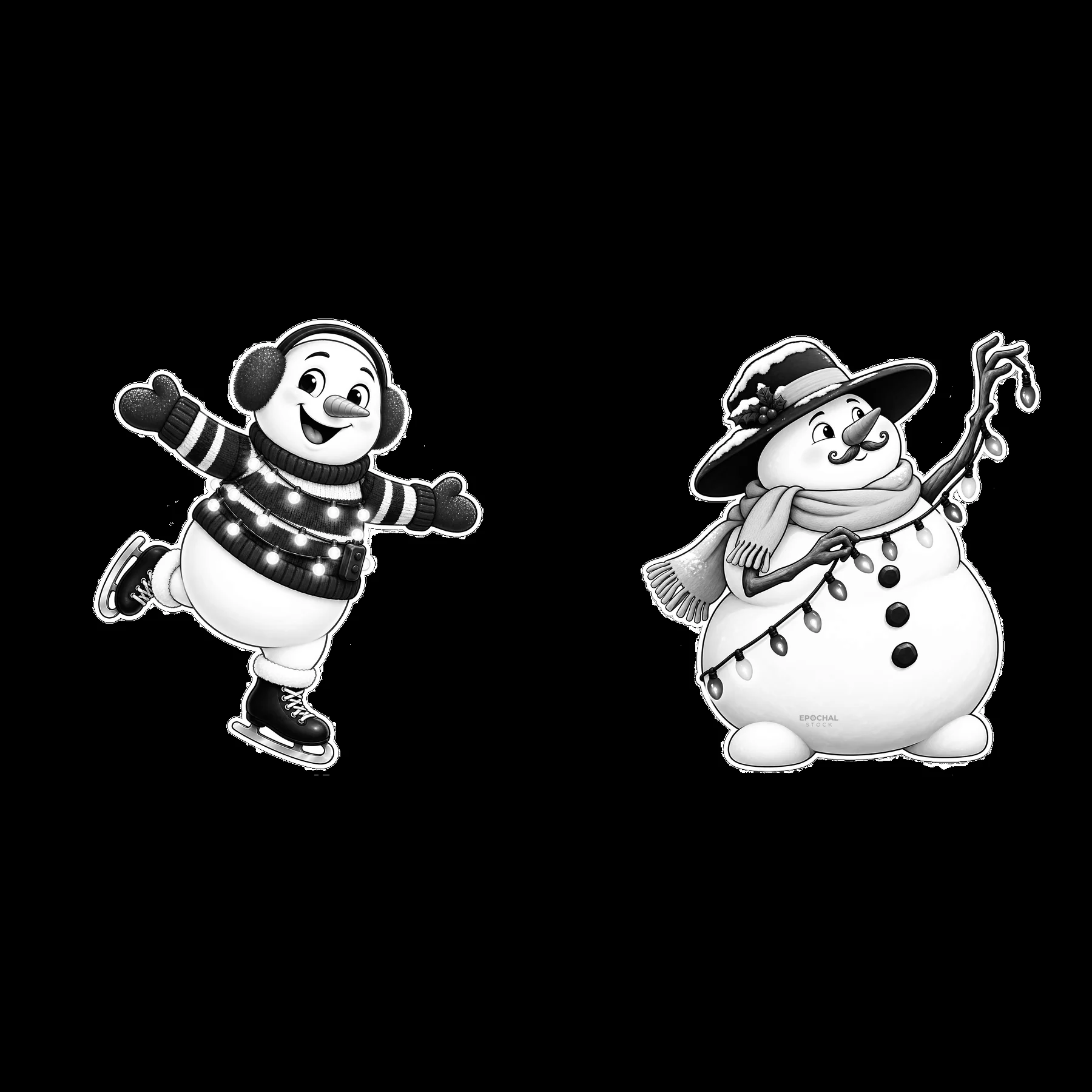 Snowman skating and snowman with lights in black and white - AI-generated stock image