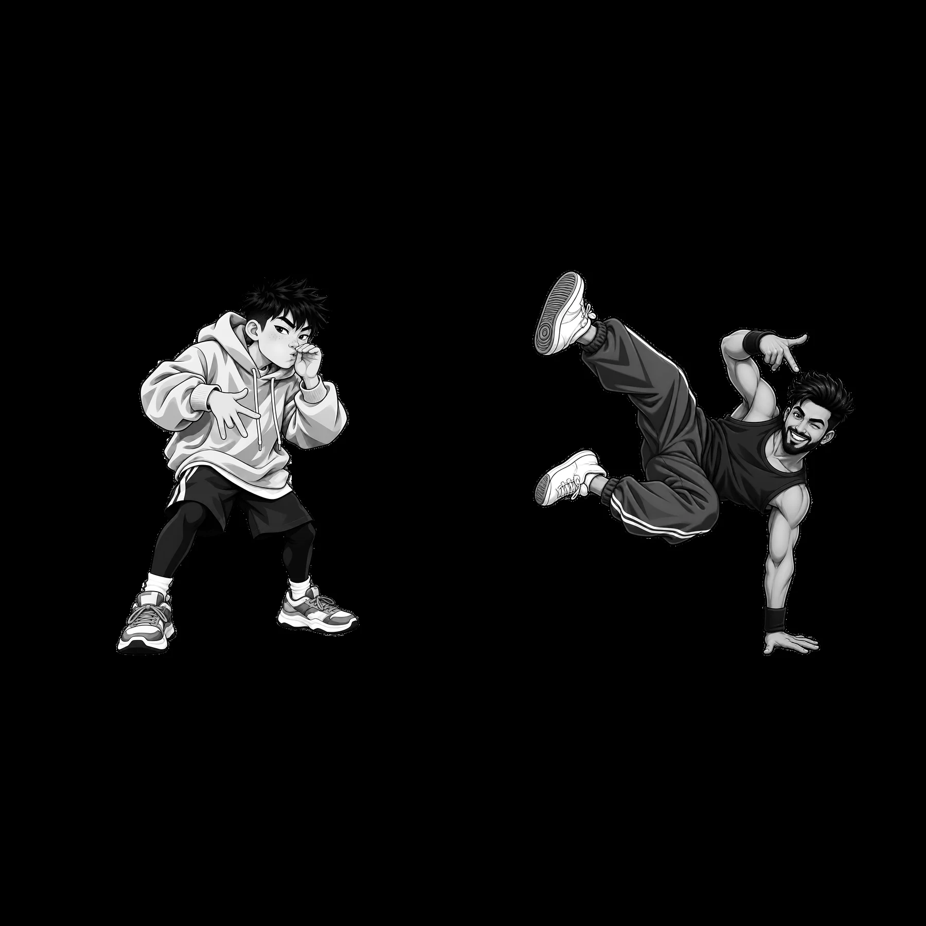 Hip-hop dancers performing in monochrome sticker illustration - AI-generated stock image