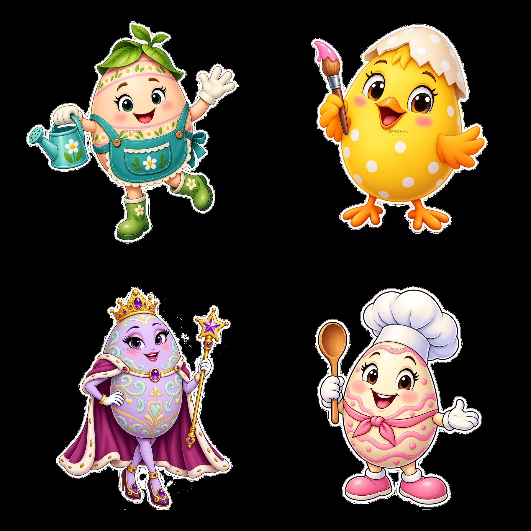 Four cartoon figure stickers in a square arrangement - AI-generated stock image