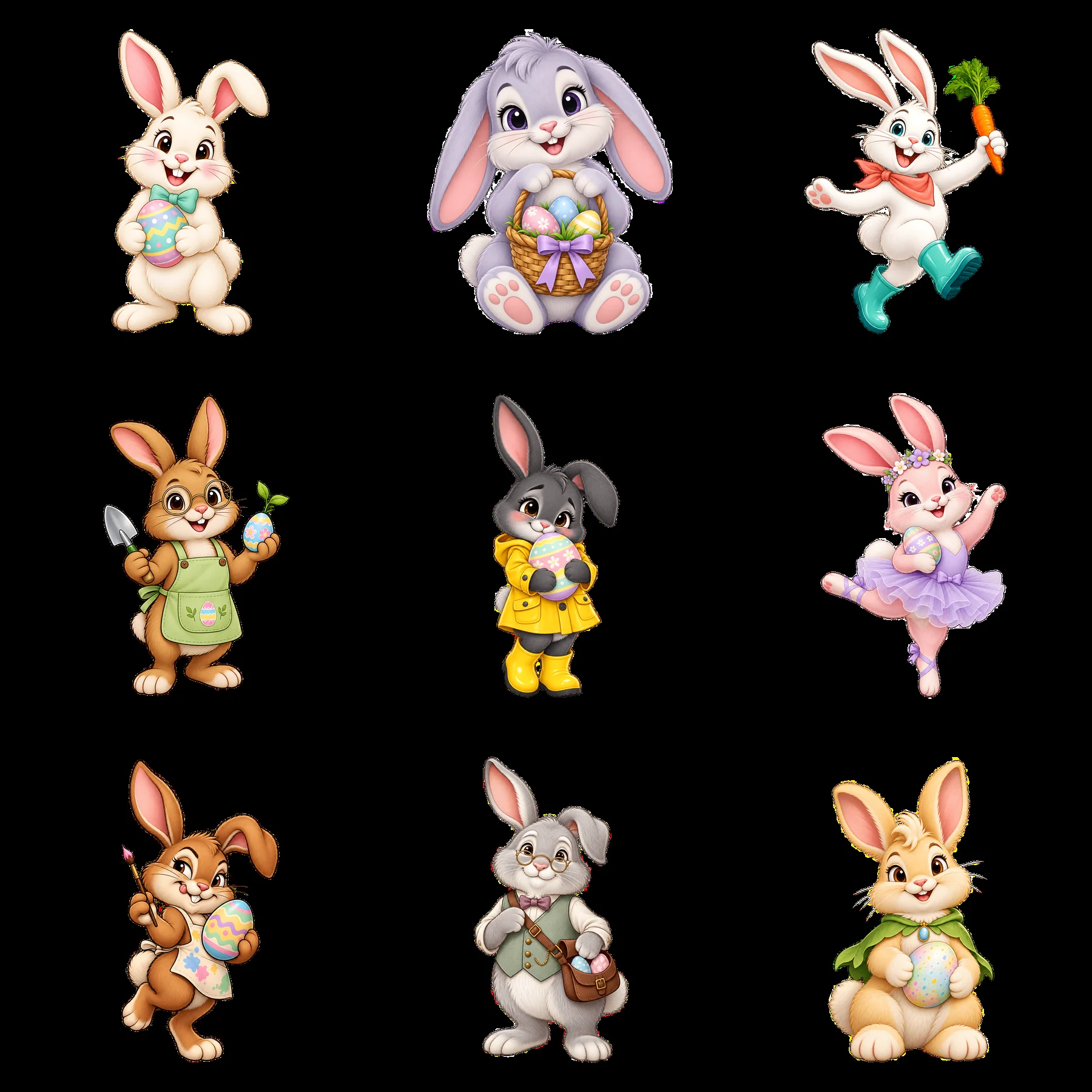 Easter bunny cartoon stickers in a 3x3 layout - AI-generated stock image