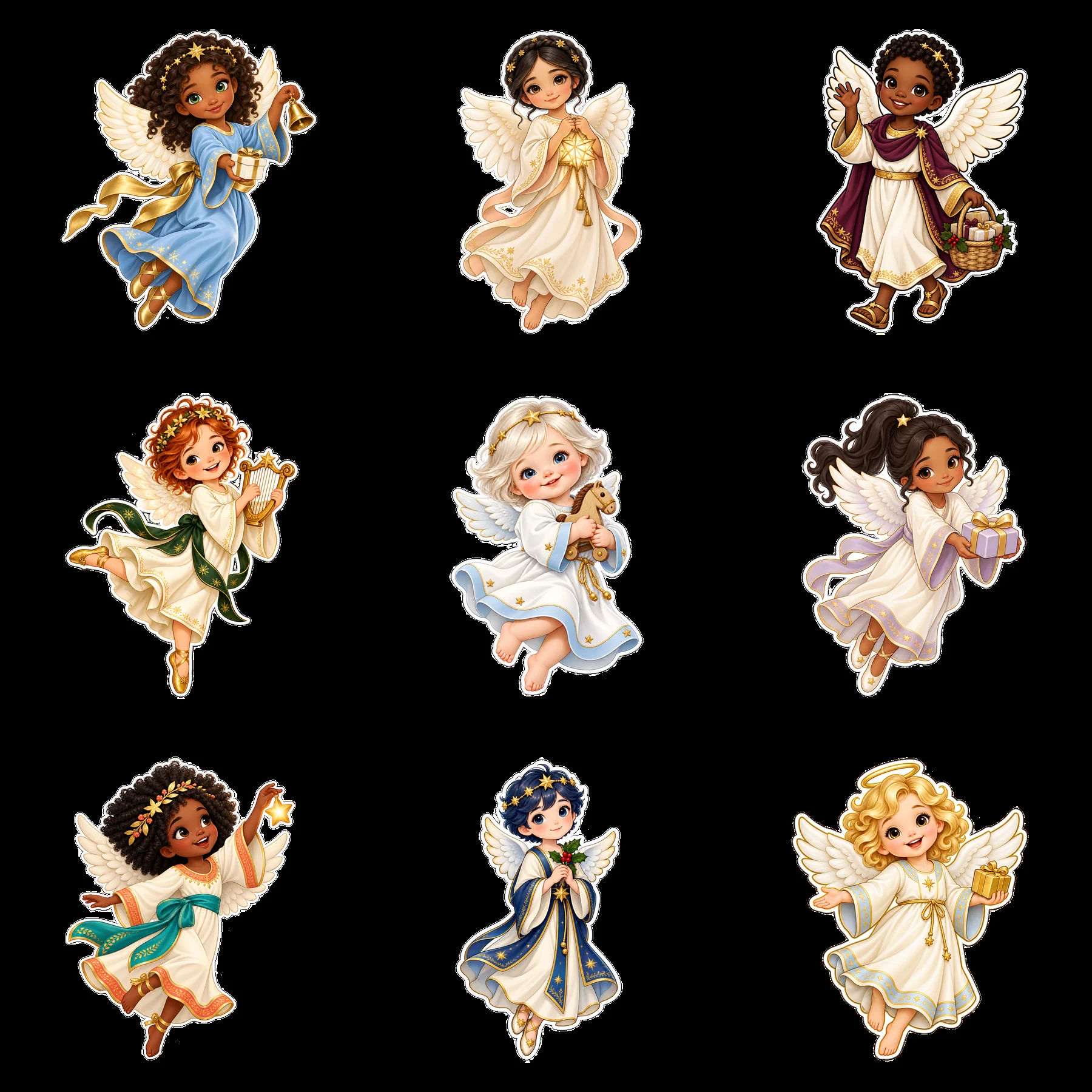 Christ Child characters as cartoon stickers in a 3x3 layout - AI-generated stock image