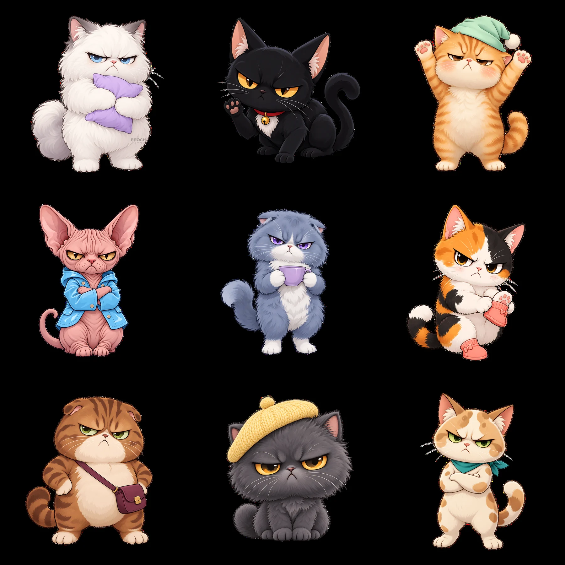 Kawaii grumpy cats in colorful sticker illustration layout - AI-generated stock image